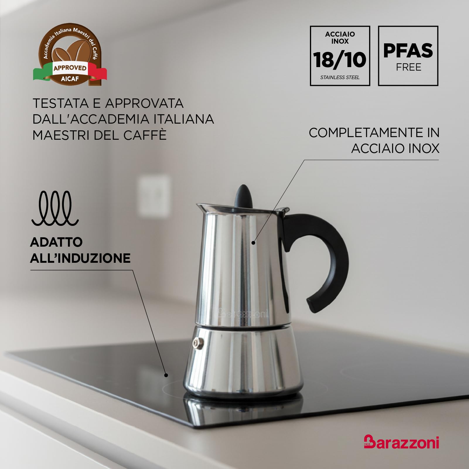Barazzoni La Caffettiera Inox 4 Tazze. Prodotto certificato dall'Accademia Italiana Maestri del Caffè. Adatta all'induzione
