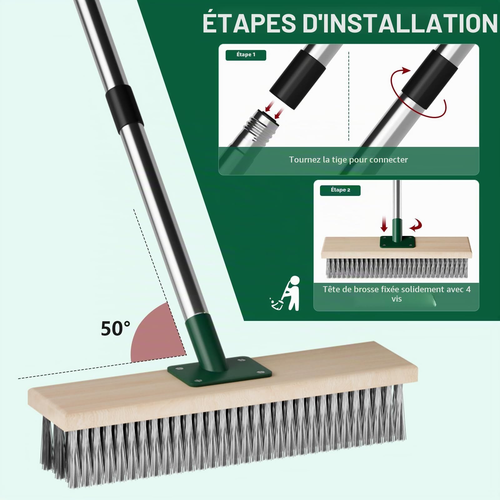 Balai Métallique Robuste avec Manche Télescopique 150cm pour Nettoyer Les algues de Mousse de Mauvaises Herbes sur Patio