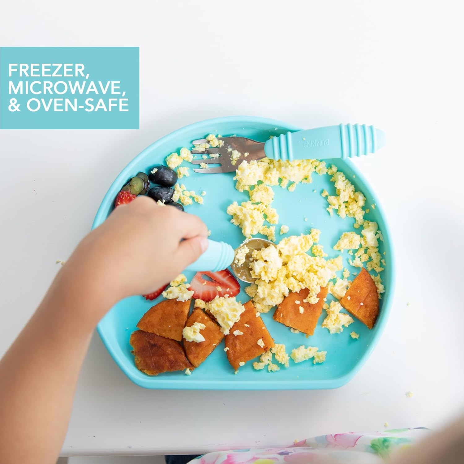 Bumkins Toddler and Baby Suction Plates, Silicone Divided Grip Dishes for Babies and Kids, Baby Led Weaning, Children Supplies, Non Skid Bottom, Platinum Silicone, 6 Months Up, Blue 4-pack