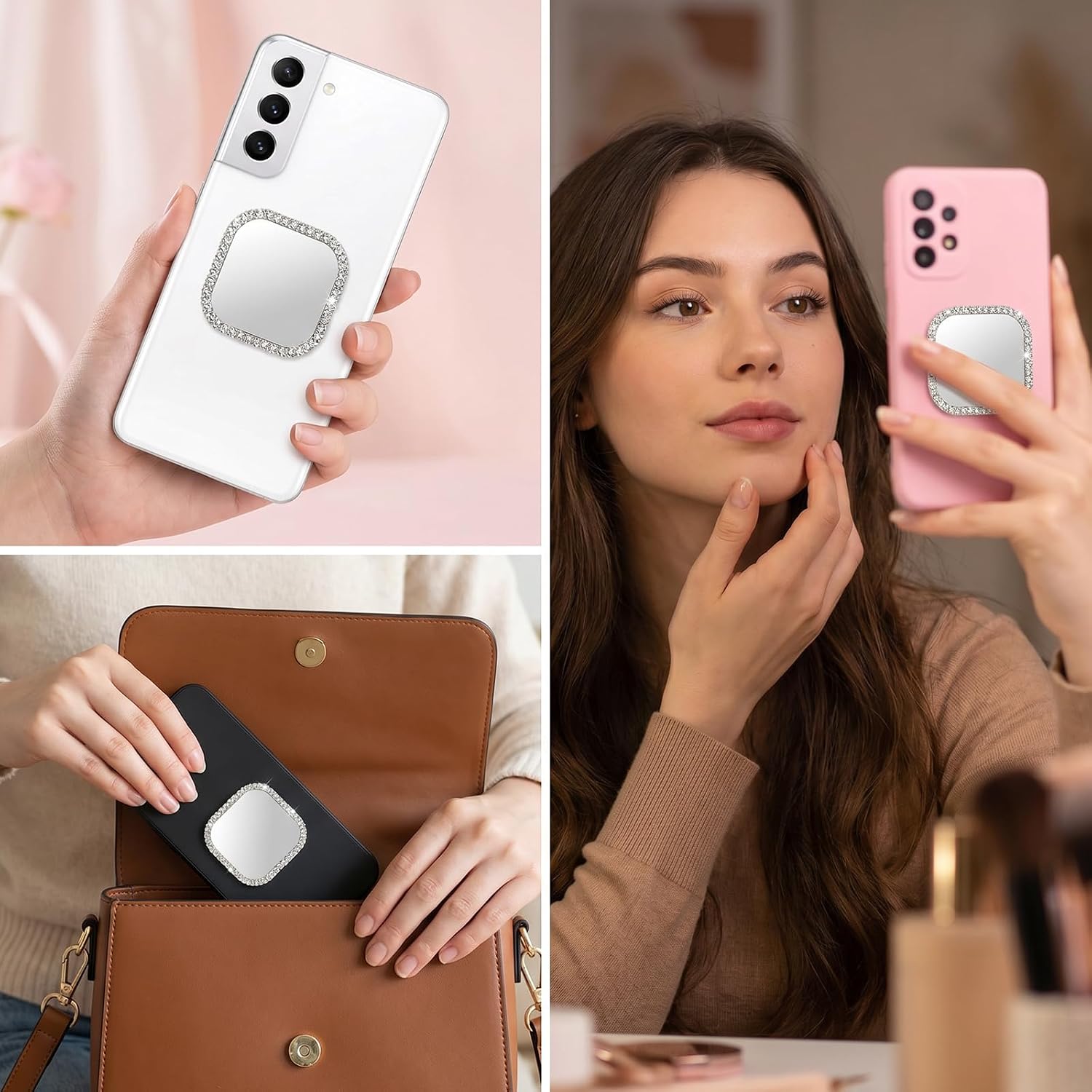 2 Pcs Phone Mirror Stick On, Rectangle 2x1.85 Inch (5x4.7 cm) Phone Mirror with Adhesive Tape, Silver and Gold Zinc Alloy Frame Bling Mirrors Decal for Cellphone Back Case for All (2 Colors)