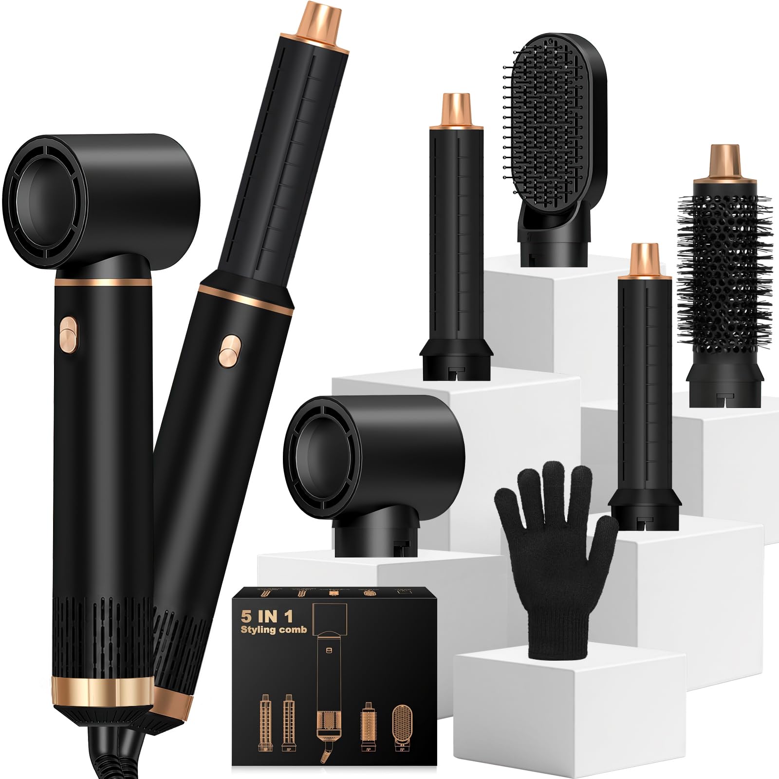 Brosse Soufflante 5 en 1, Seche Cheveux 1000W, Air Styler avec 5 Accessoires, Brosse Soufflante, Fer a Boucler, Thermal Brush, Brosse Lissante Seche Cheveux pour Sécher, Boucler, Lisser