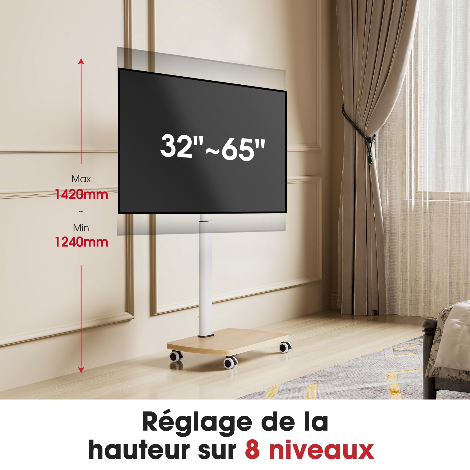 AOKCOS Support TV roulettes pour TV de 32-65 Pouces - Support TV sur Pied Plus Haut 1240 MM-1420 MM Pivotant 60° Inclinaison 12° jusqu'à 40 KG Max. VESA 400x400mm