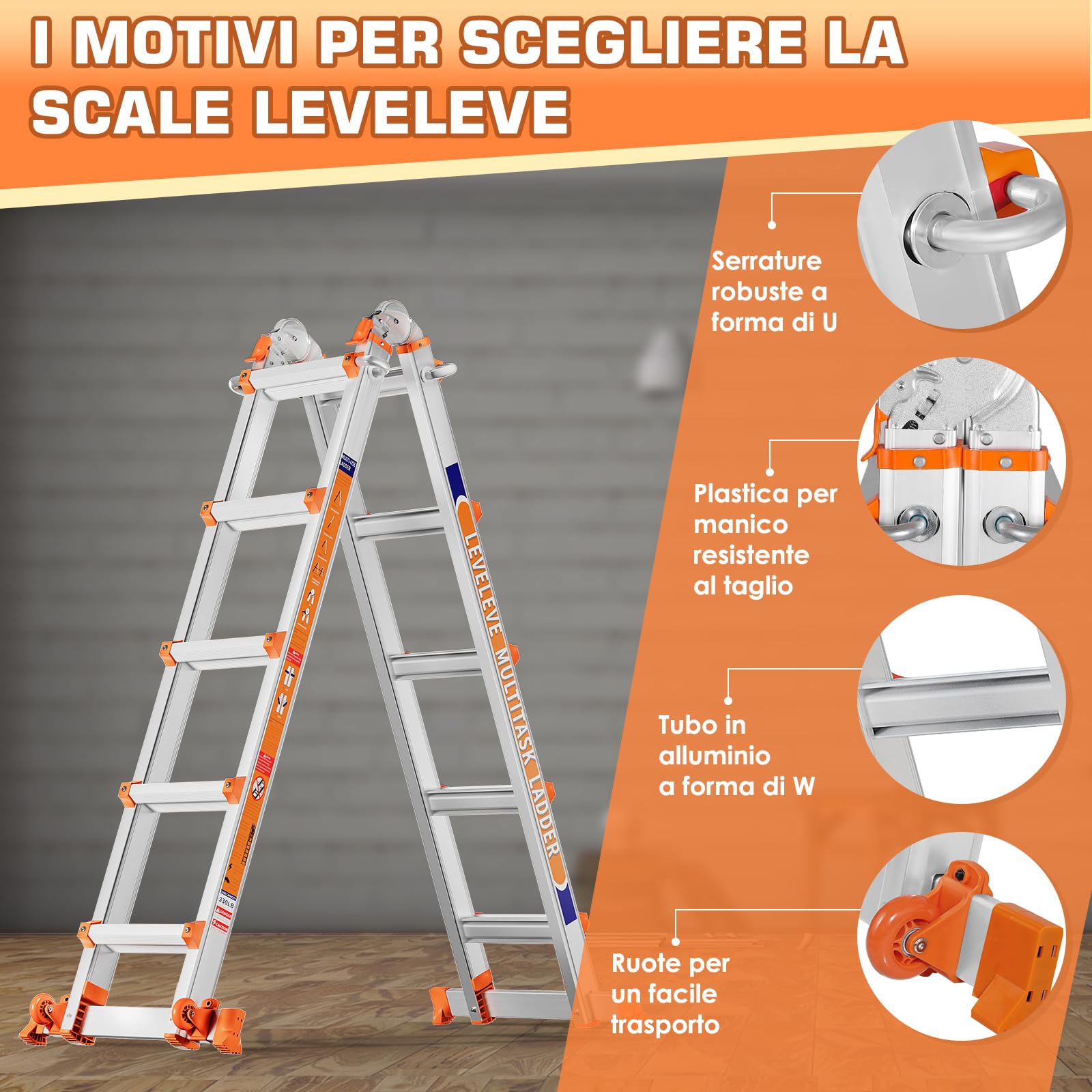 Scala Multiuso a 5 Livelli: Scala a 5 Livelli e Scala Allungabile da 17 Piedi (5,18 m) con Stabilizzatore e Ruote, Portata 150 kg, Sicuro per Scale, per Interni, Esterni e Tetto, in Lega di Alluminio