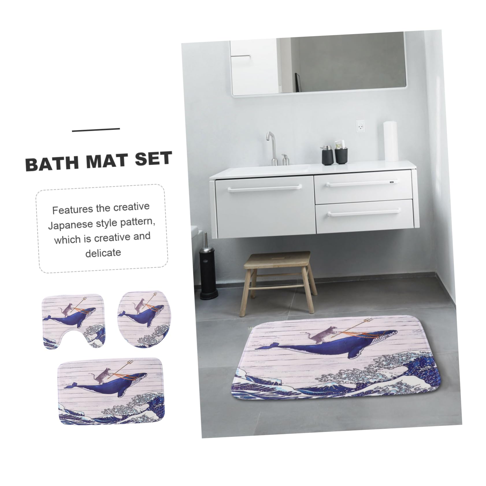 MAGICLULU Tappetino Bagno Rotondo 3 Pezzi in Flanella Feltro, Set Bagno | Motivo Giapponese Creativo, Protezione Antiscivolo, Struttura Durevole, Linea Decorativa per Interni Domestici