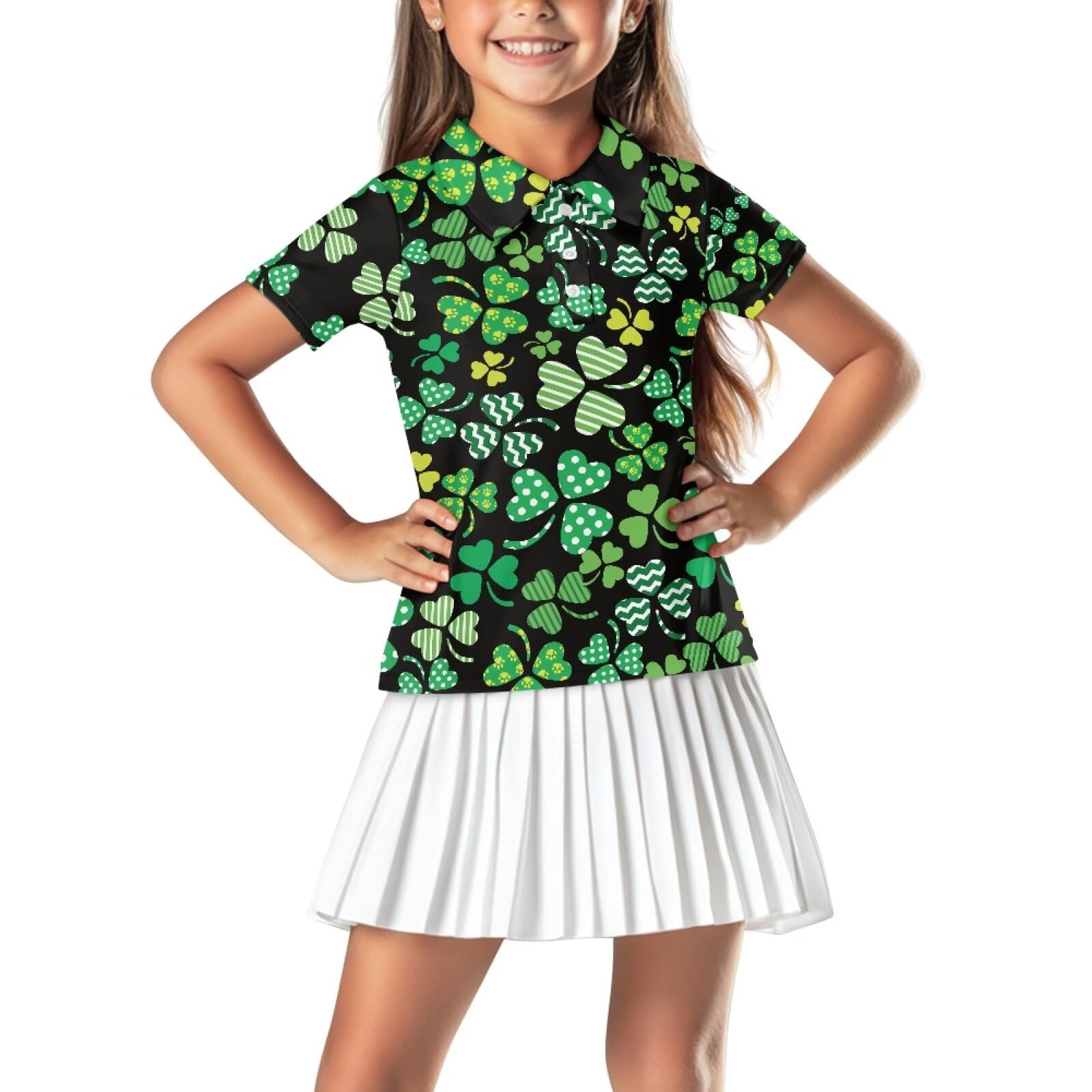 Gzzxiailg Stripe Clover Girls Polo Shirts Performance Golf Shirts Moisture Wicking Athletic Shirts Short Sleeve School Uniform Shirts for St. Patrick's Day Workout Tank Tops with Collared