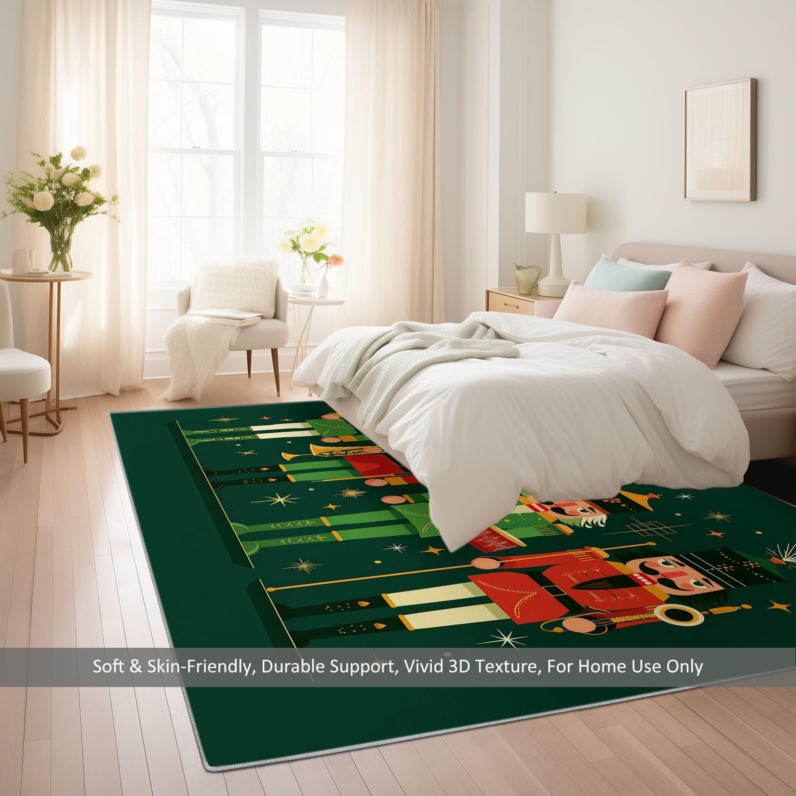 Dywan nadaje się do prania, 140 x 200 cm, elegancki retro dziadek do orzechów, gwiazdy, antypoślizgowy dywan, miękki dywan z krótkim włosiem, ciemnozielona mata do pokoju dziecięcego, na Boże