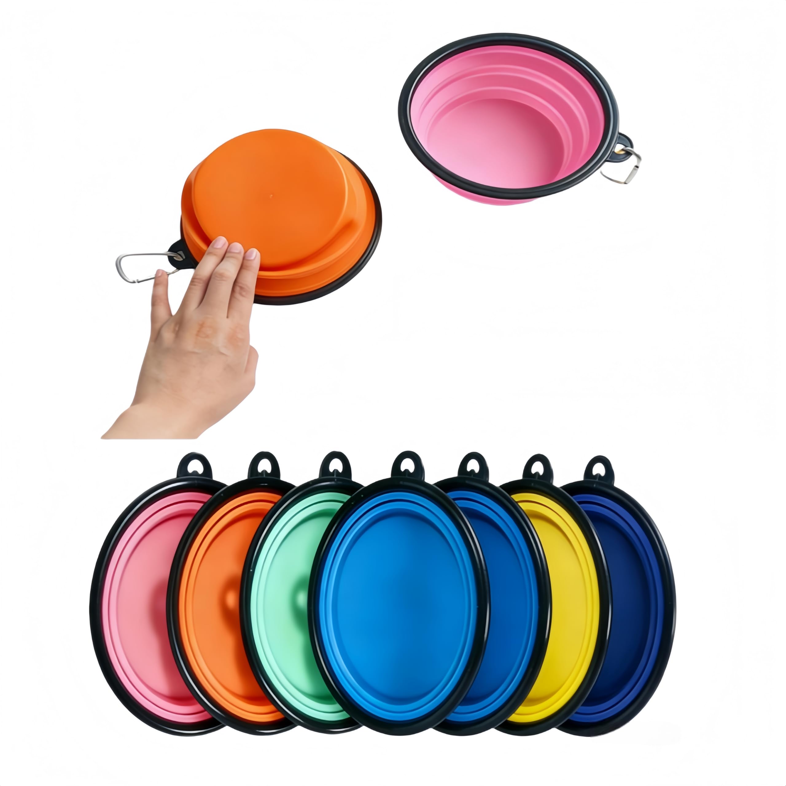 Cuencos plegables Ddog con mosquetones para una fácil portabilidad; borde moldeado de una sola pieza evita el colapso. Paquete de 2 cuencos de viaje para comida y agua para perros y gatos