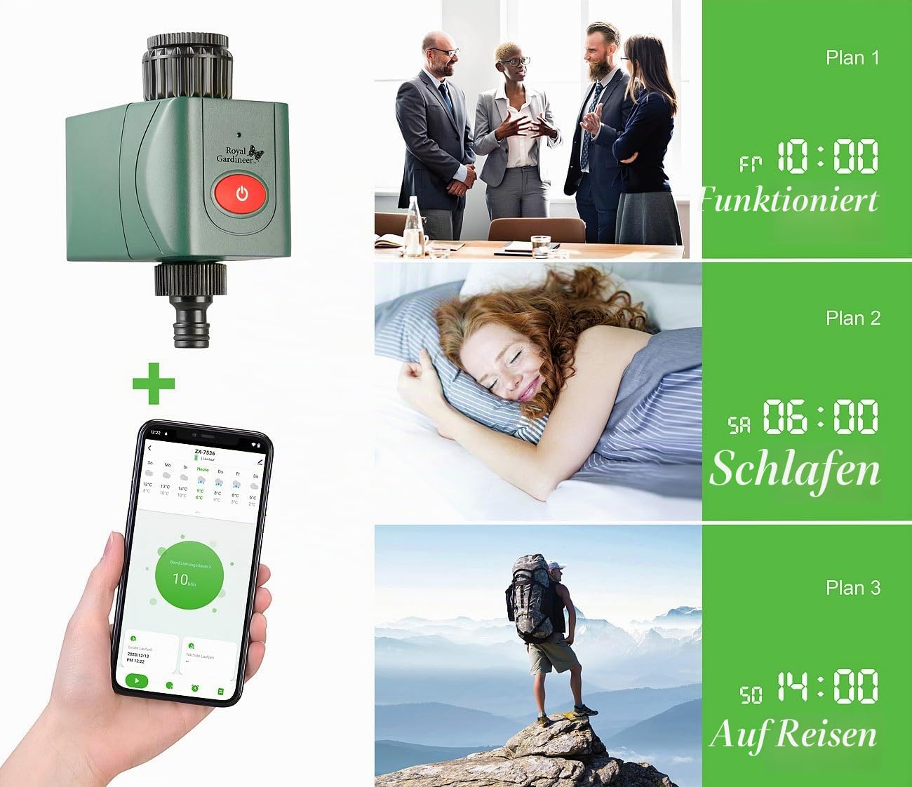 Royal Gardineer Gartenboden Bewässerung: WLAN-Bewässerungscomputer mit Bodenfeuchtigkeits-/Temperatur-Sensor (Rasen-Bewässerungscomputer, Set)