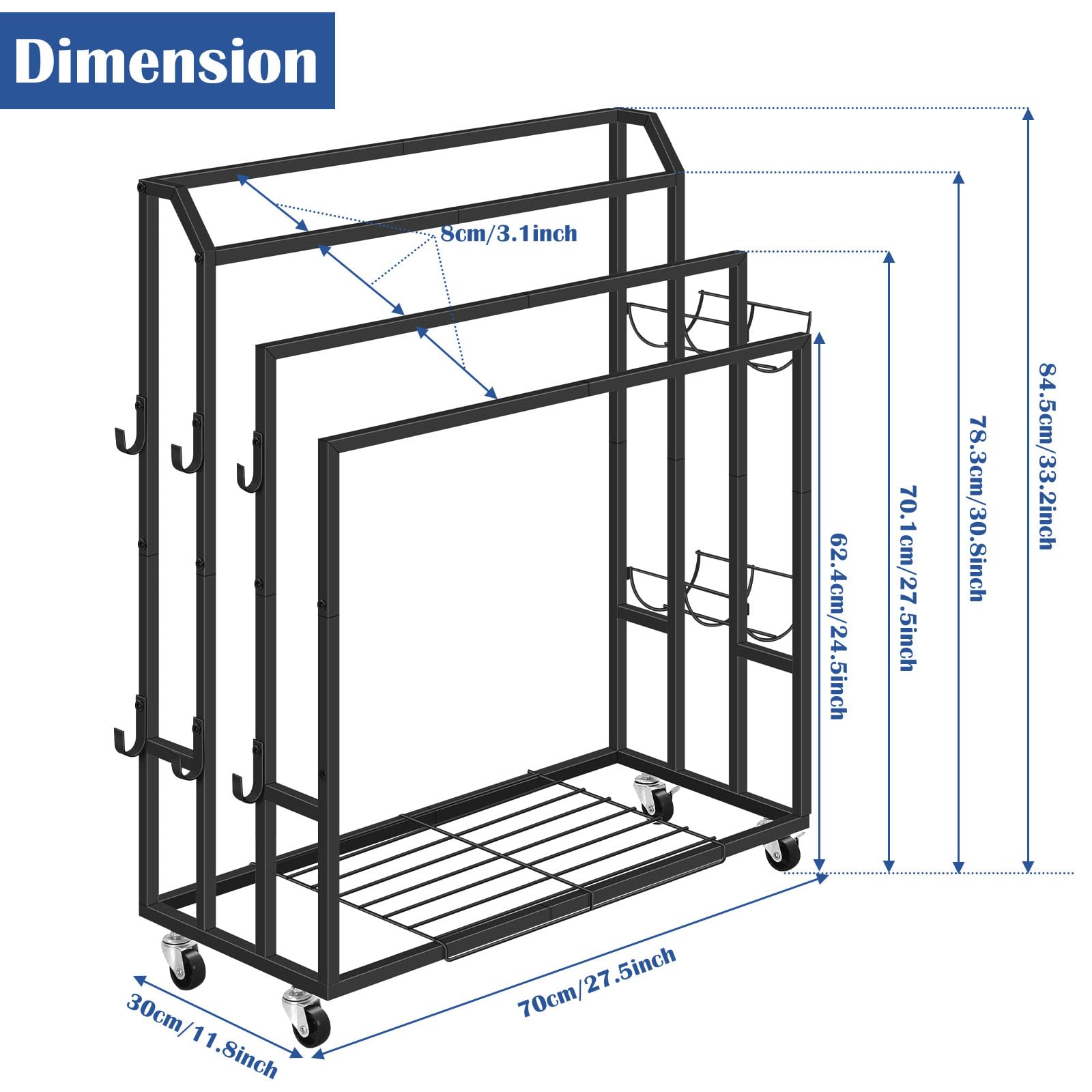 smusei Toallero independiente de 4 niveles, toallero con ruedas, estantes y 6 ganchos de metal para baño, piscina, color negro
