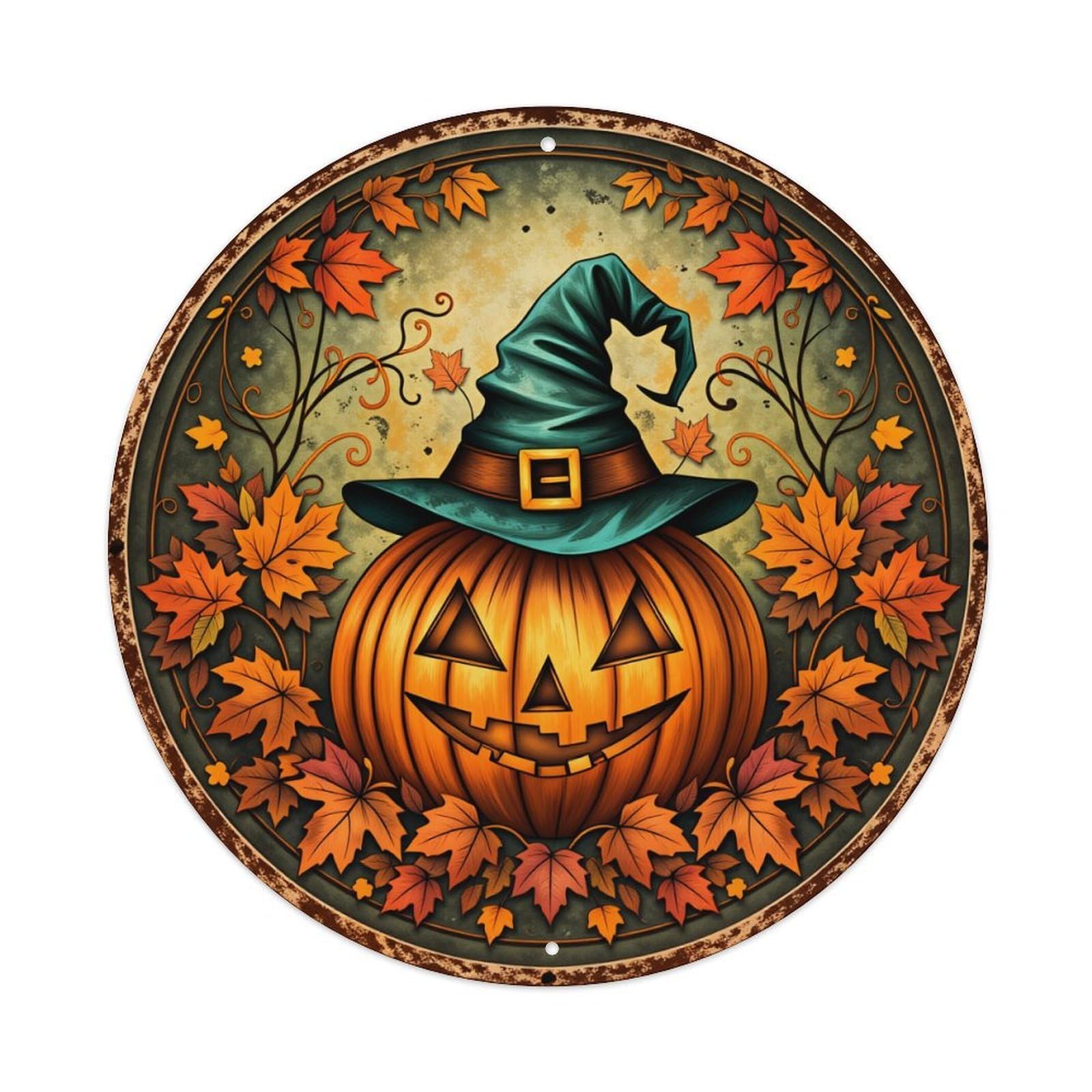 Pumpkin Witch Hat Autumn Leaves Round Tin Sign Vintage Style Metal Sign Home Bar Garden Wall Plaque Decor Metal Poster 8x8 Inch