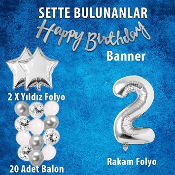 Gumus Konsept Dogum Gunu Kutlama Seti Beyaz Gumus Konfetili Balon Rakam Yıldız Folyo ve Banner (2 Yaş)