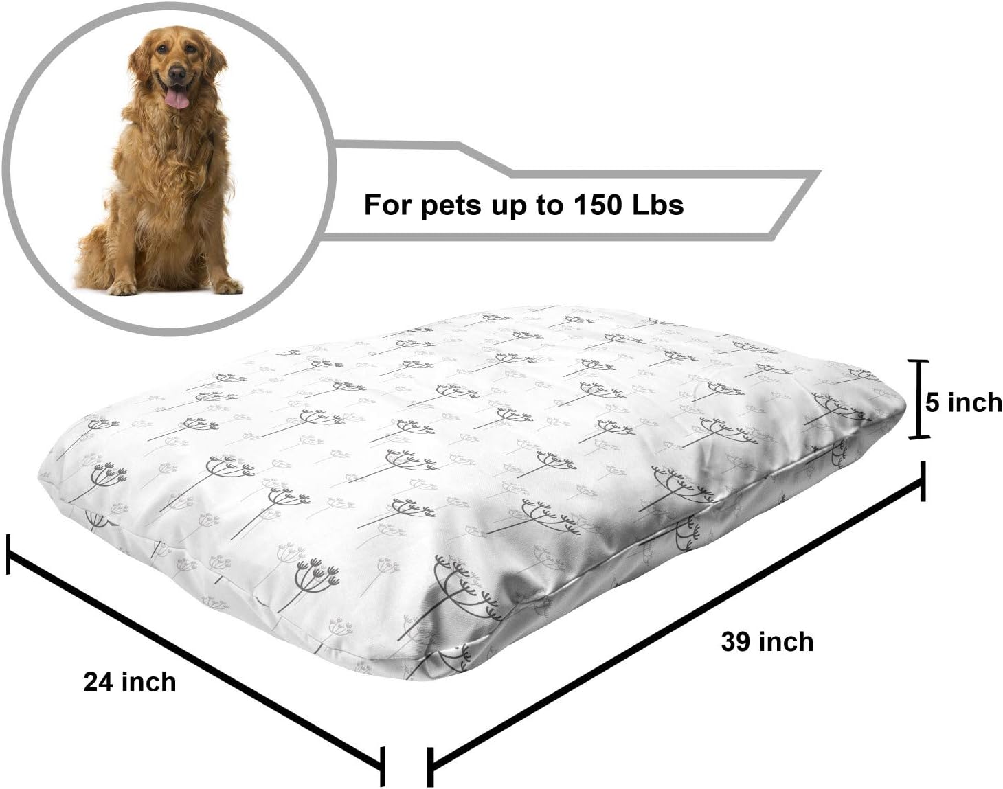 review Ambesonne Dandelion Pet Bed, Continuous Simplistic Pattern of Neutral Soft Herbs in Muted Tones, Chew Resistant Pad for Dogs and Cats Cushion with Removable Cover, 24