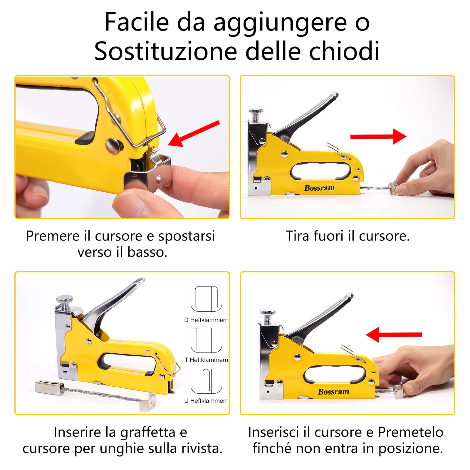 Tutee 3 In 1 Hand Staple Set Graffettatrice Per Legno，Scatola 300 Chiodi，Adatto Per Decorazioni Di Interni, Decorazioni Per La Casa, Materiali Di Fissaggio, Spillatrice Per Legno (Giallo)