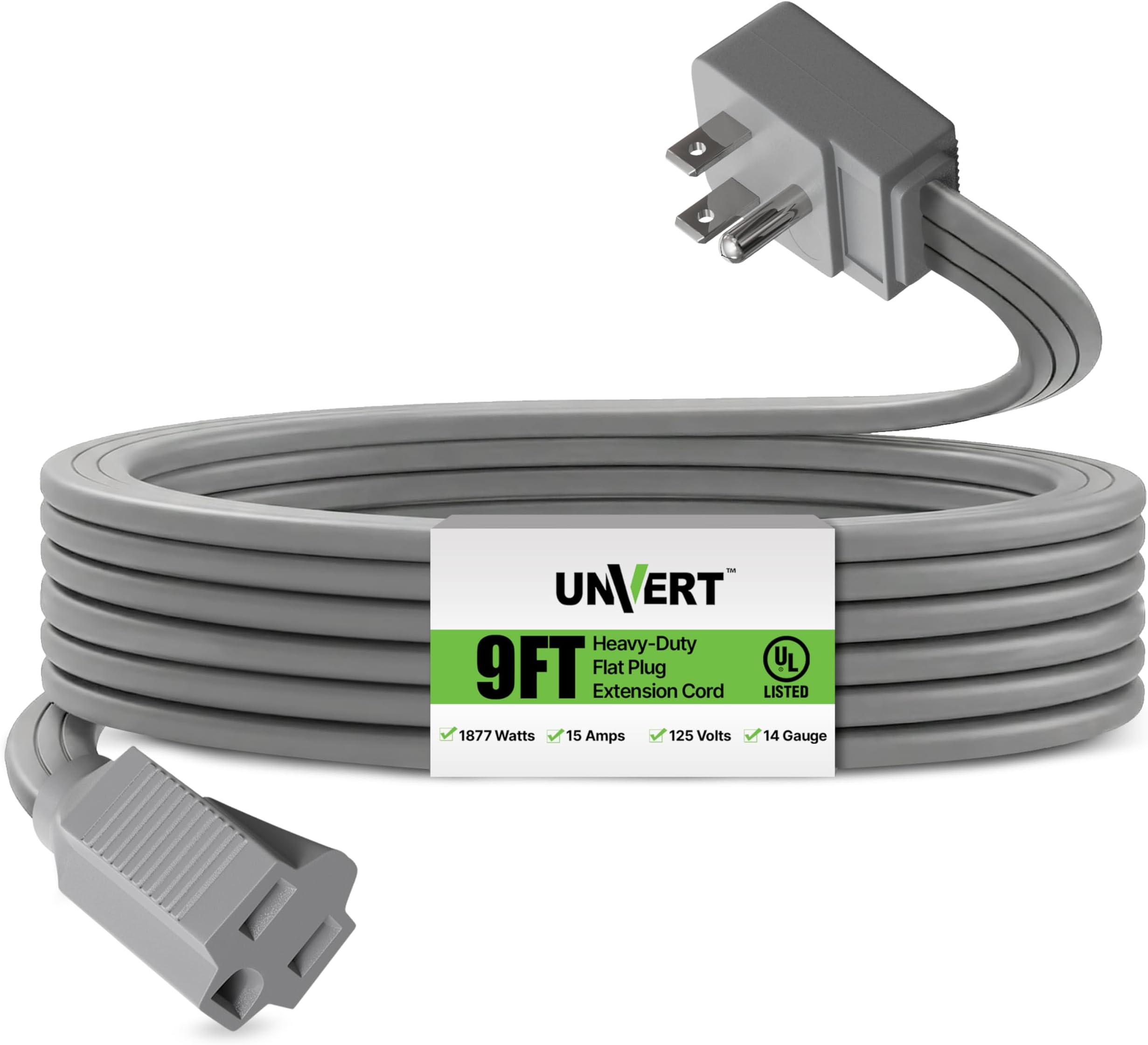 Heavy Duty Extension Cord 9 Ft Wire Gray for Air Conditioner Refrigerator and Major Appliances Indoor Use Grey 3 Pronged Cord