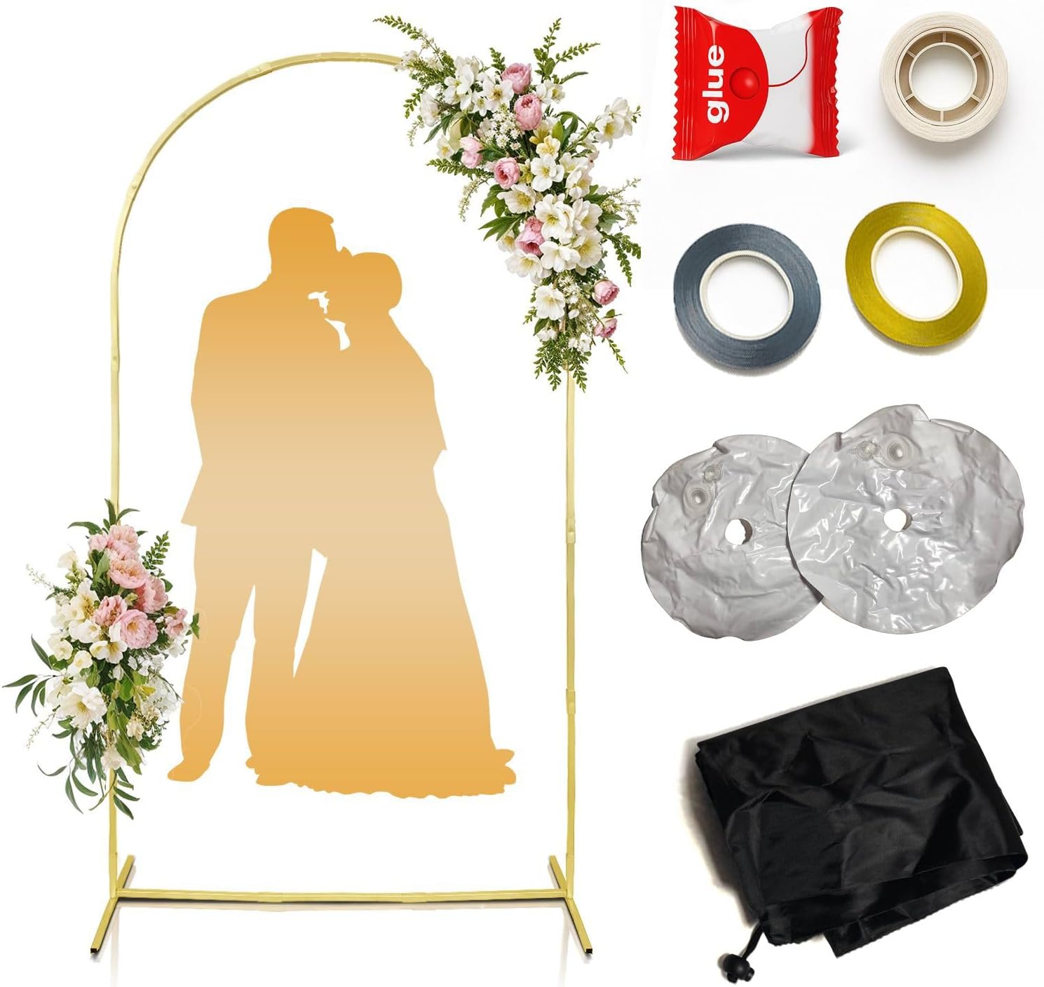 Arch Backdrop Stand – 7.2ft Metal Arch for Backdrop Set with Water Bag Base, Balloon Adhesive, Ribbon, Storage Bag – Strong Stable Gold Arched Frame for Wedding, Baby Shower, Birthday