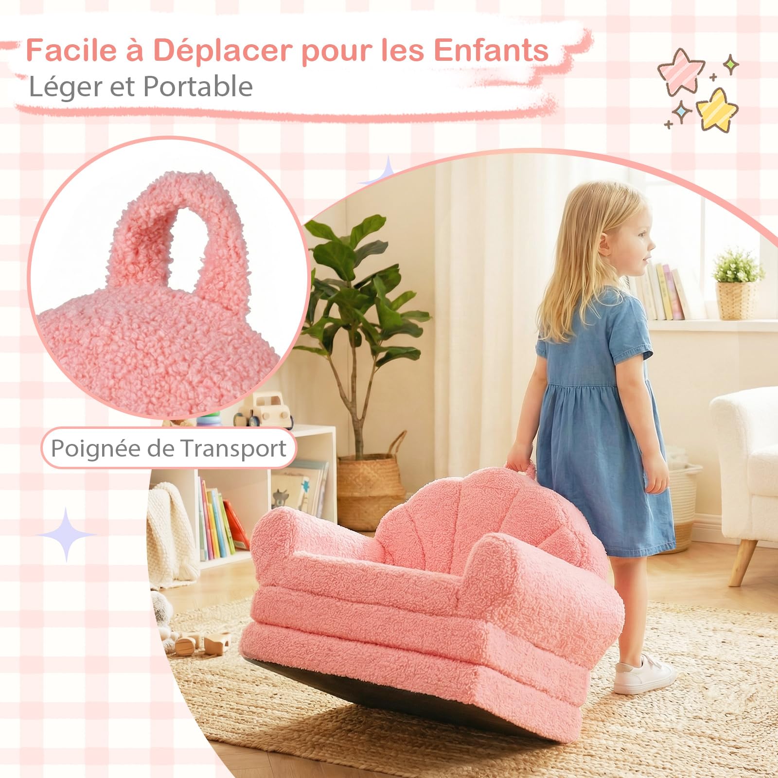 COSTWAY 2 en 1 Canapé-lit Enfant Pliable avec Motif Coquillage, Fauteuil Enfant Convertible en Polaire Teddy avec Housse Amovible & Lavable, Chauffeuse 1 Place pour Cadeau d'anniversaire Fête (Rose)