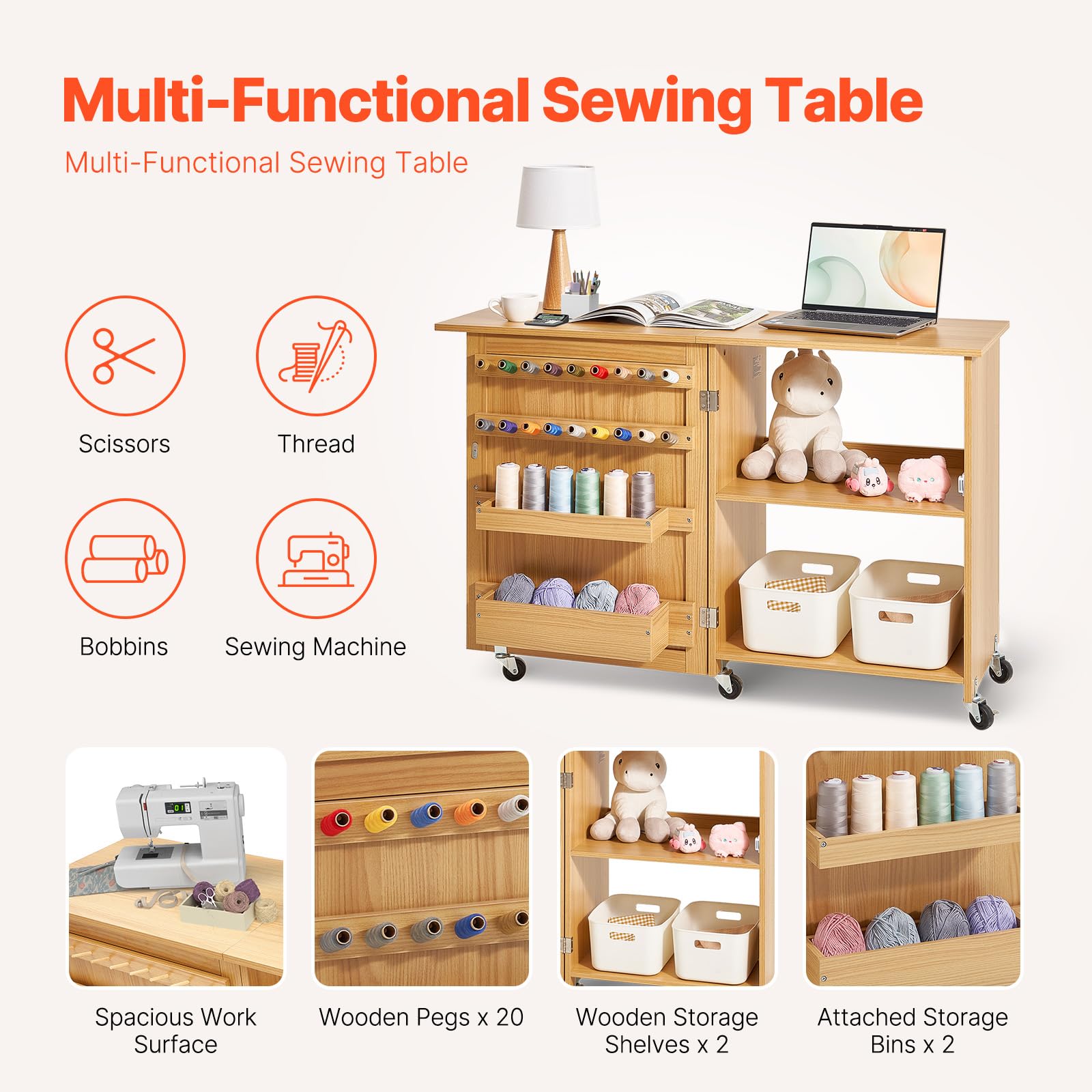 VEVOR Mesa de Costura Plegable Mesa Multiusos para Máquina de Coser con Diseño Compacto, Ruedas Bloqueables, Estantes, Bandejas de Almacenamiento, Clavijas de Madera y Puertas Magnéticas, Color Madera