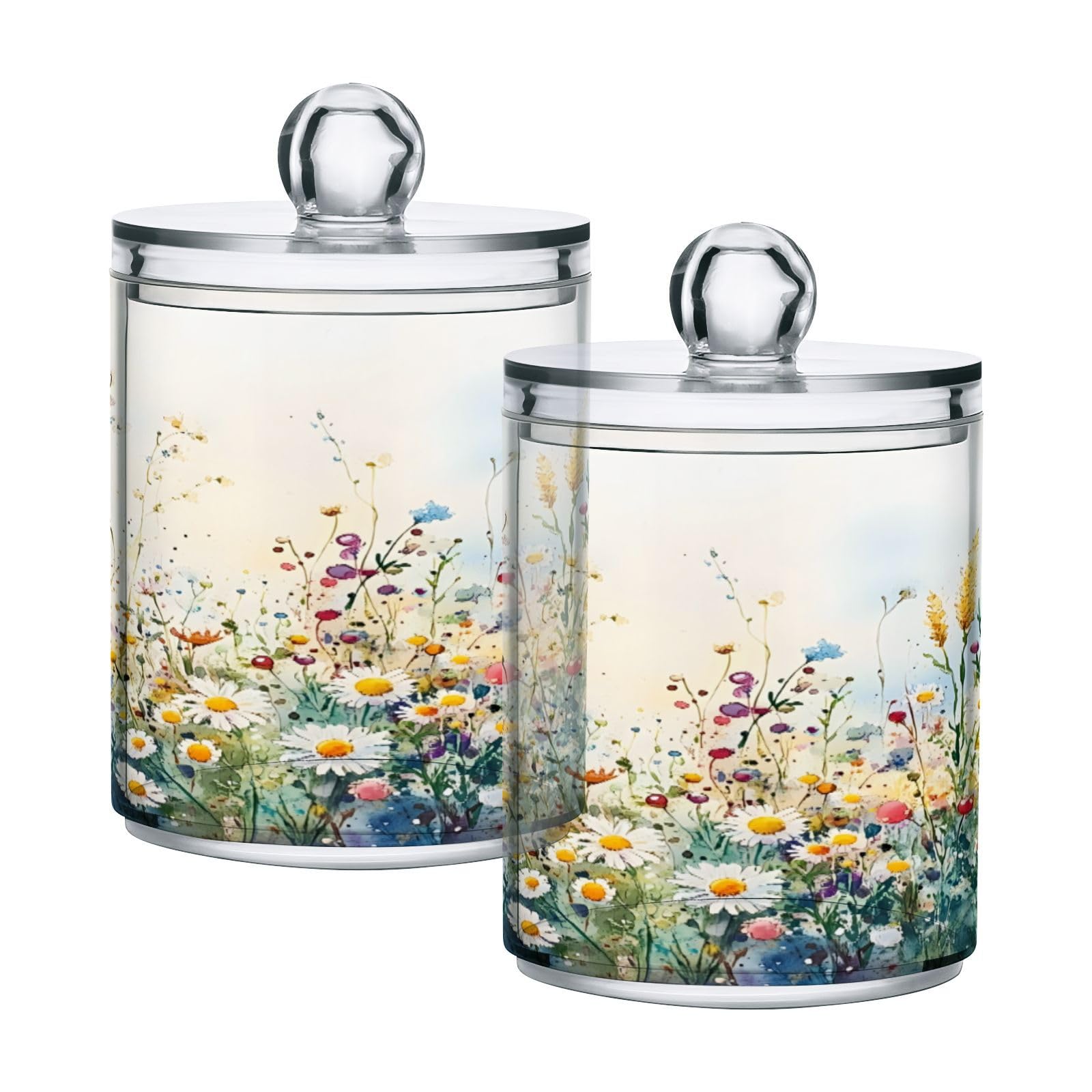 Nander 2Pack Beautiful Wildflowers Qtip Holder Dispenser -Clear Plastic Apothecary Jars Set - Restroom Bathroom Makeup Organizers Containers for Cotton Swab, Ball, Pads, Floss