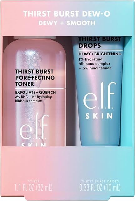 e.l.f. SKIN Thirst Burst Dew-O, Ensemble de Soins de la Peau de Taille Voyage, Tonique Exfoliant pour le Visage & Gouttes de Sérum Hydratant, Donne à la Peau un Éclat Rosé et Élastique, Végétalien & Non-Testé sur les Animaux