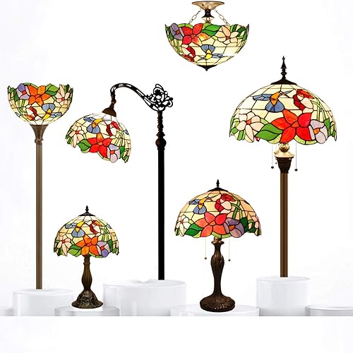 Miniatura 8 de WERFACTORY Tiffany Lámpara de vitral, estilo colibrí, lámpara de mesita de noche, lámpara de lectura de escritorio, 12 x 12 x 18 pulgadas,