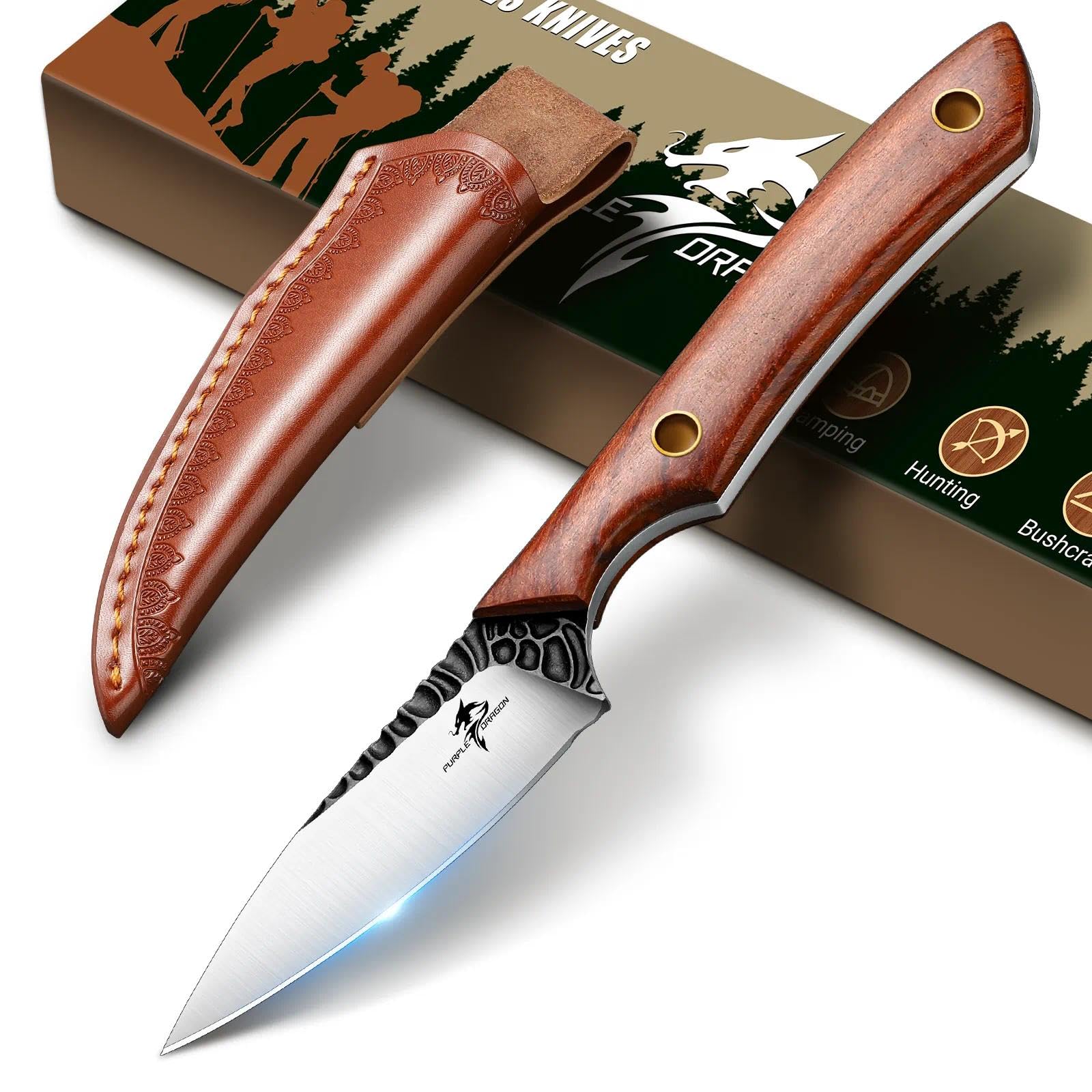 Purple Dragon Hunting D2 Steel Small Fixed Blade Knife with Leather Sheath