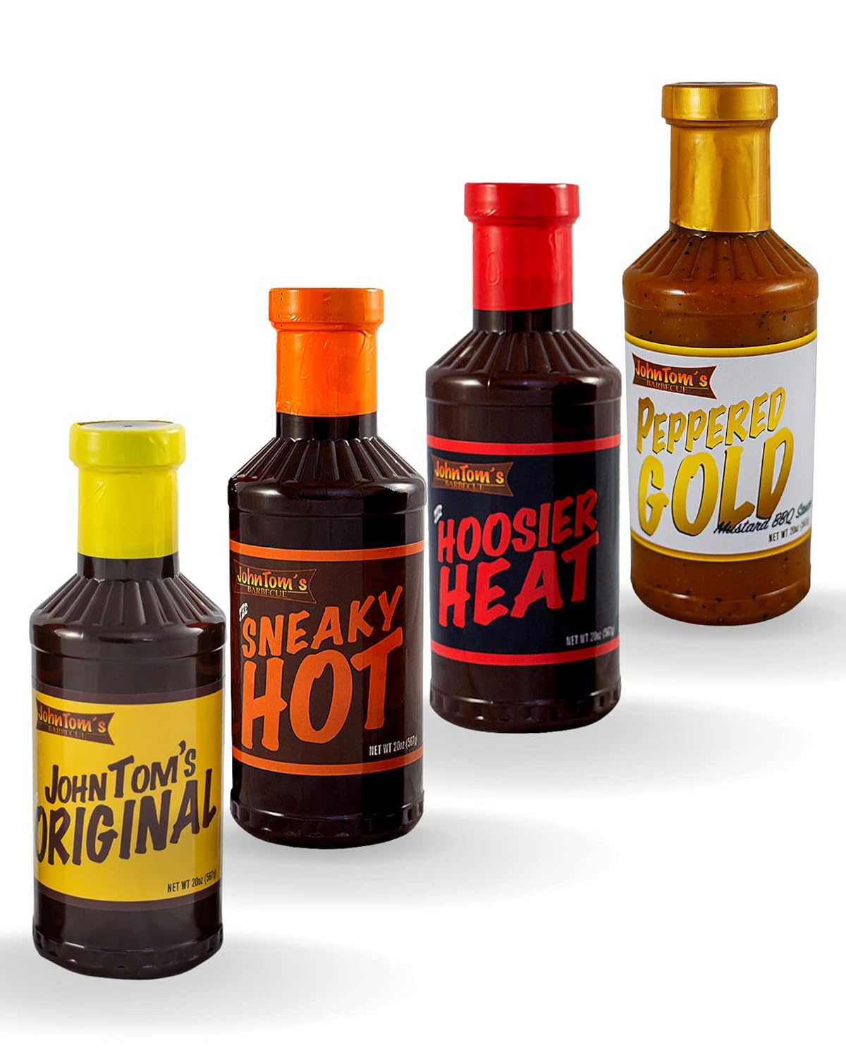 JohnTom's Barbecue Sauce Variety Pack - 4 Flavors. Gourmet BBQ Sauce Made with All Natural Ingredients. Good as Brisket Marinade, Dipping Sauce, Meatballs, Pulled Pork, Veggies, Ribs, and Wings.