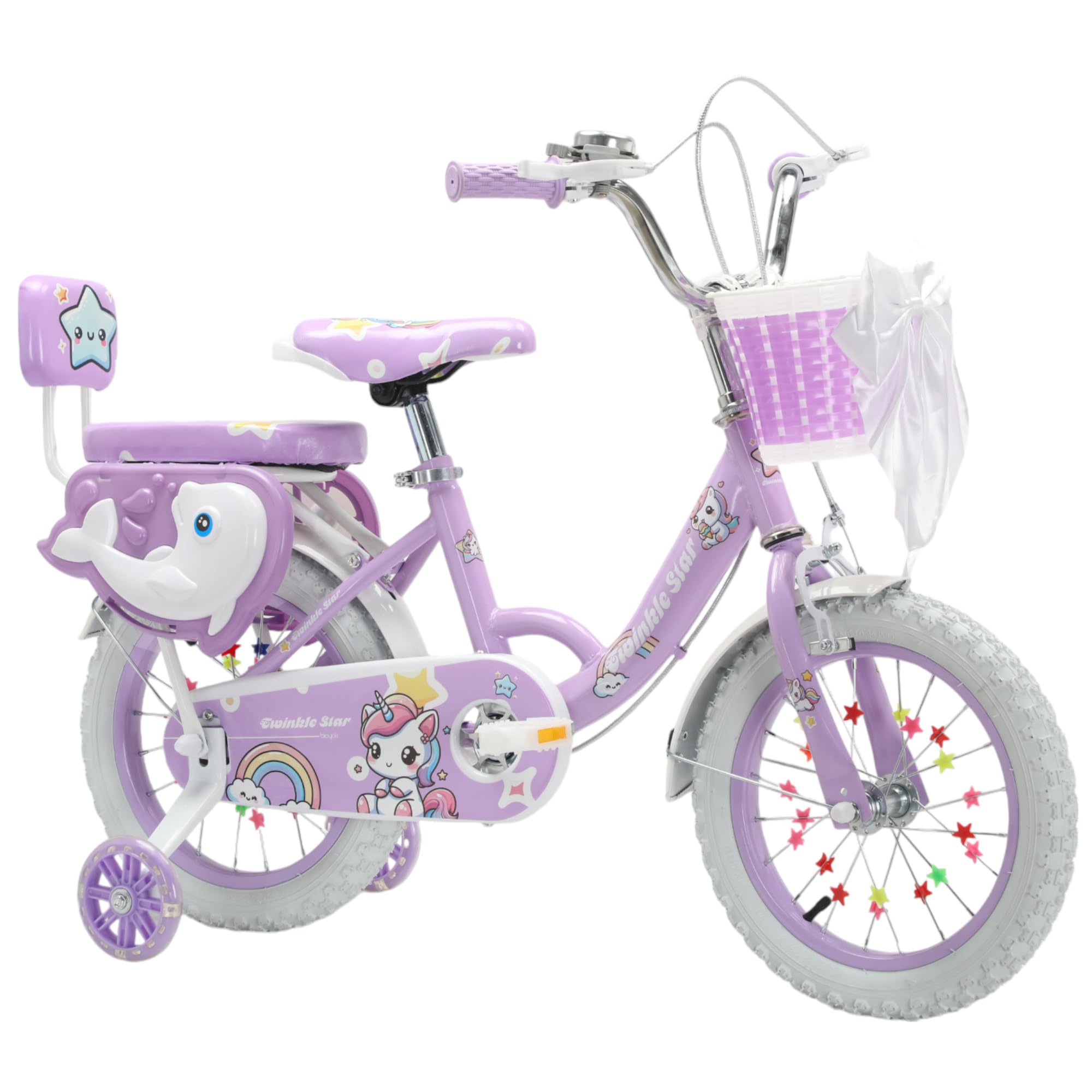 Touch of Venetian 12" 14" 16" Girls Children Bike with Stabilisers Wheels Bell Kids Bike for Ages 2-9 Years Old Pink Bicycle Multiple Colors Bow Pink Purple Unicorn Rainbow (Purple-Dolphin, 16 inch)