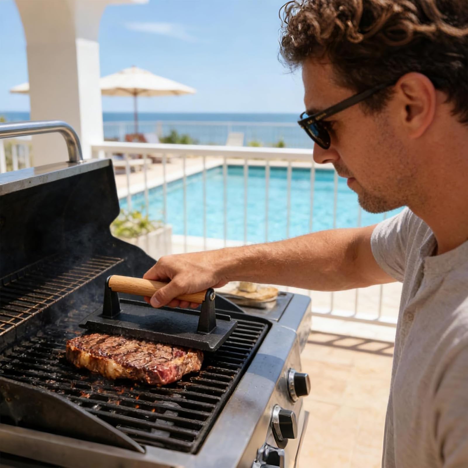 Prensa para Hamburguesas de Acero Inoxidable, Prensa de Filete de Alta Resistencia con Mango de Madera, Prensa de Carne Cuadrada de Silicona, Adecuada para Tocino,B