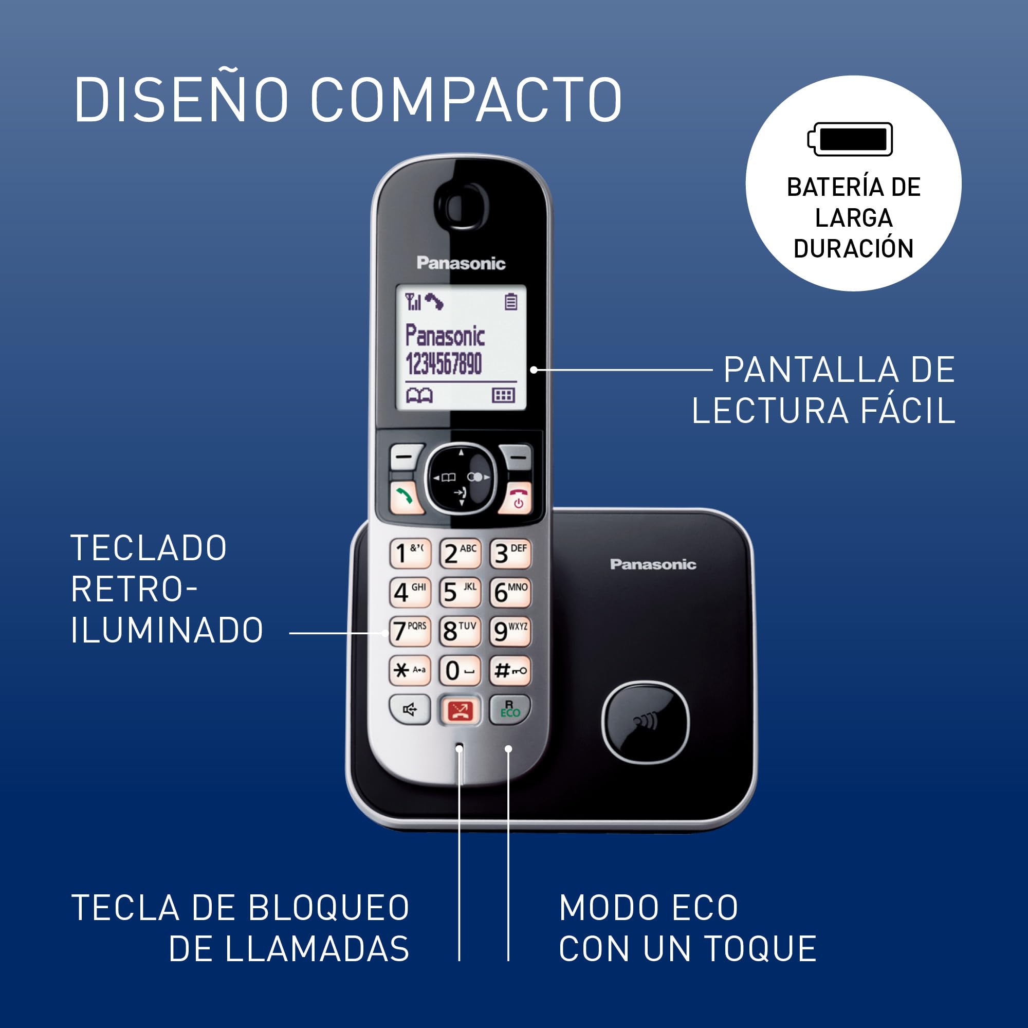 Panasonic KX-TG6852 Teléfono Fijo Inalámbrico Dúo con Manos Libres (Monitor de Bebes, Bloqueador de Llamadas, Modo No Molestar, Baja Radiación, Modo Eco) Plateado