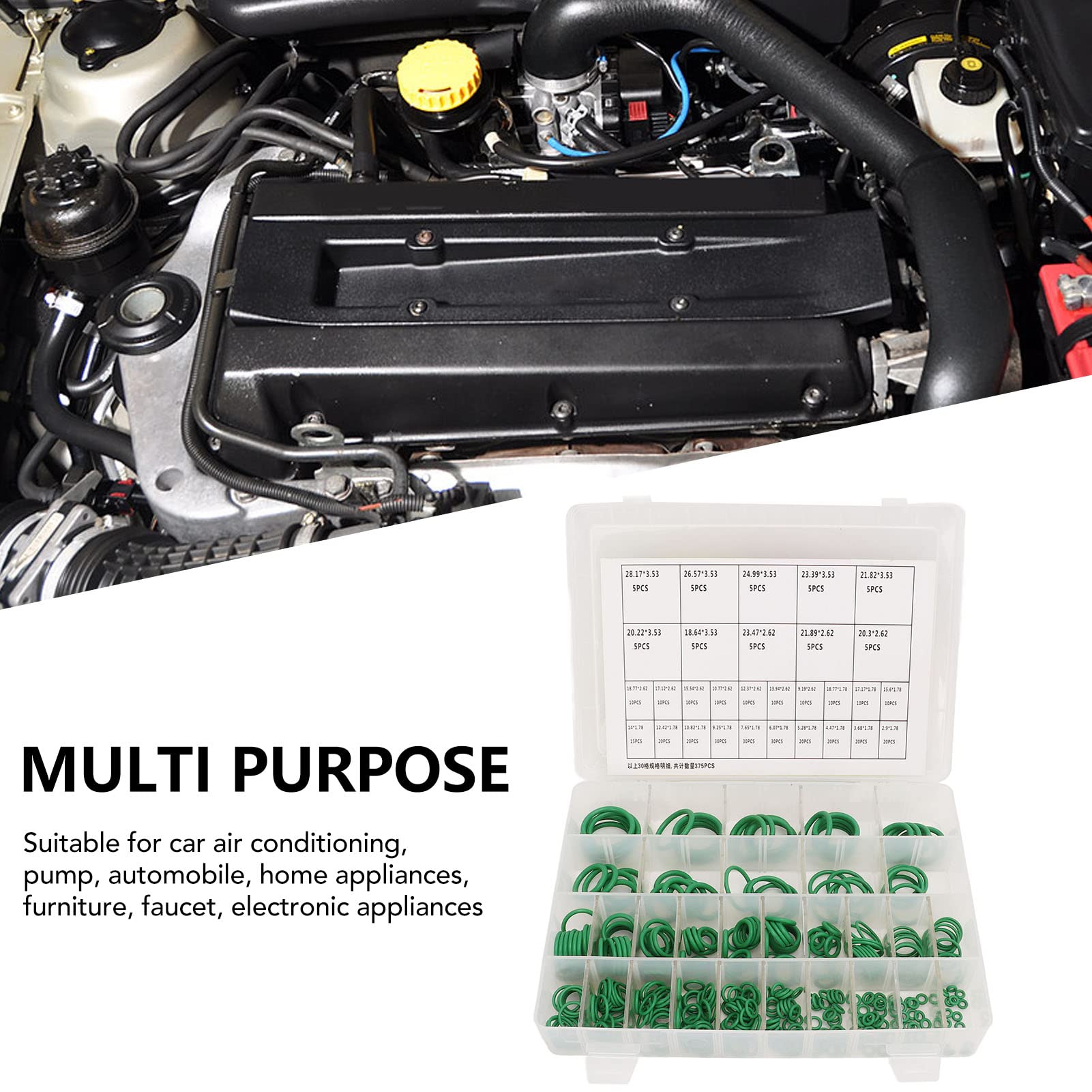 Juntas tóricas de Viton de caucho fluorado, Kit de sellado junta tórica, caucho flúor verde, varios tamaños, 375 piezas for plomería CA automotriz