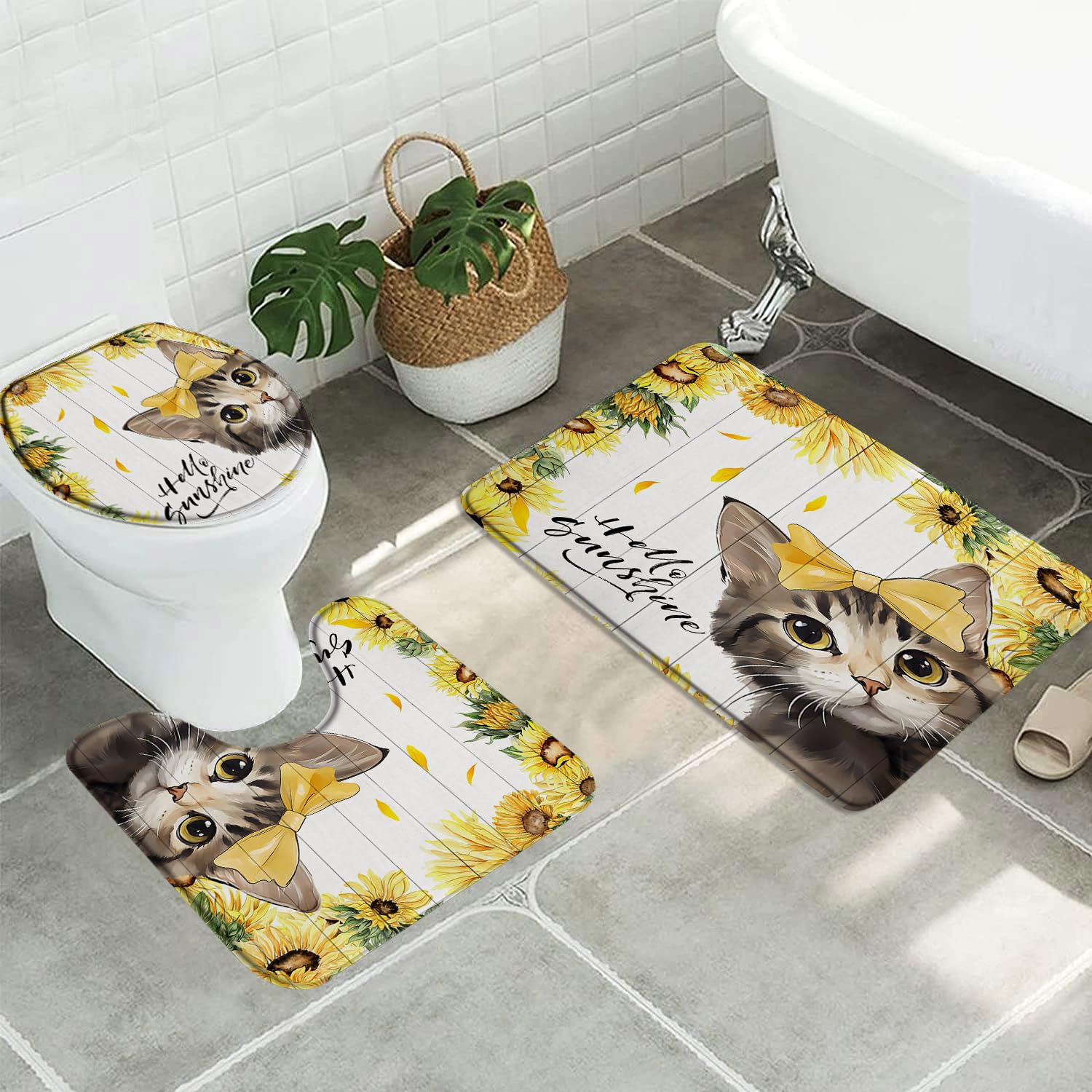 3pcs Spring Cat Bathroom Sets with Non-Slip Rug,Toilet Lid Cover and Bath Mat,Hello Sunshine Watercolor Cartoon Kittern Yellow Sunflower Floral