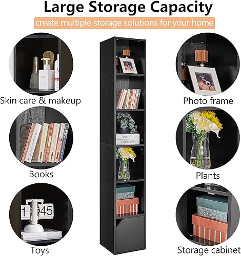 Miniatura 6 de IBUYKE Estantería estrecha de 6 niveles, moderna estantería de esquina negra con almacenamiento de puertas, estante de torre multimedia, gabinete,