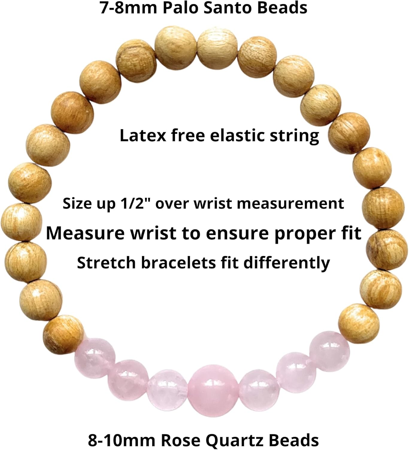 Palo Santo Bracelet Real Rose Quartz Crystals Heart Chakra Jewelry Handmade Reiki Healing Gift for Women Made in USA