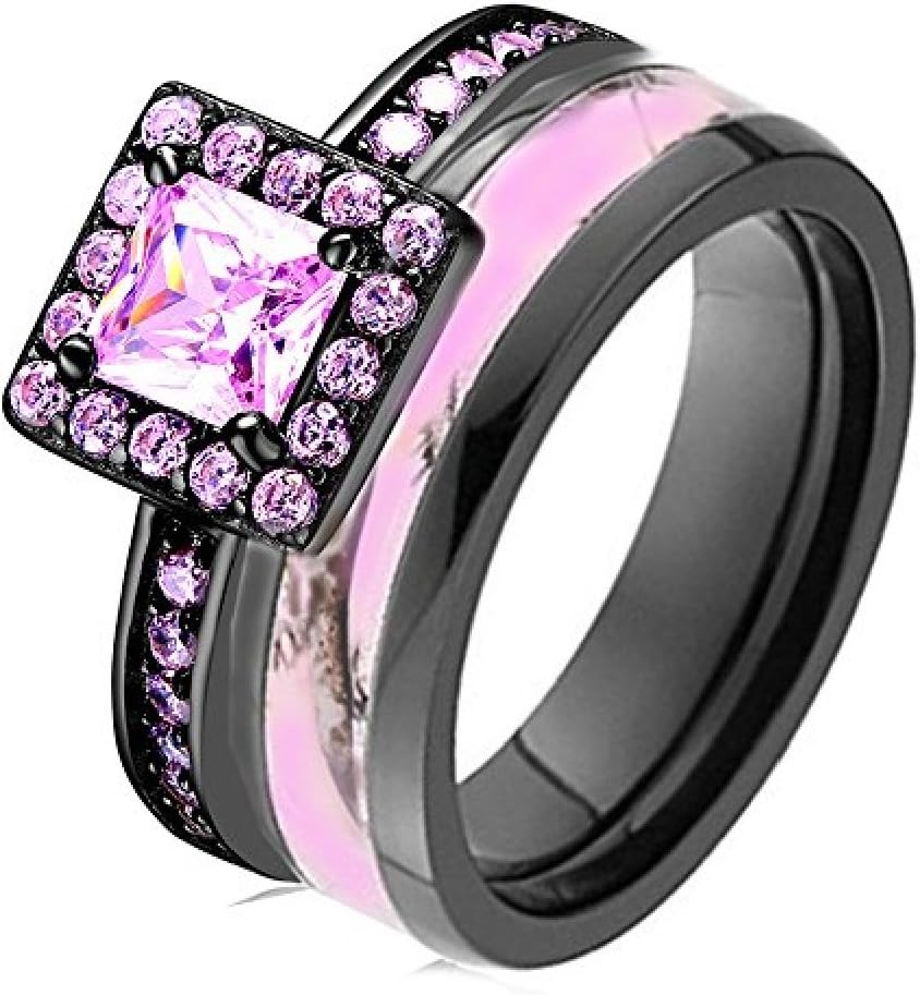 Pink Halo Engagement Ring Black Titanium Camo Wedding Rings Set