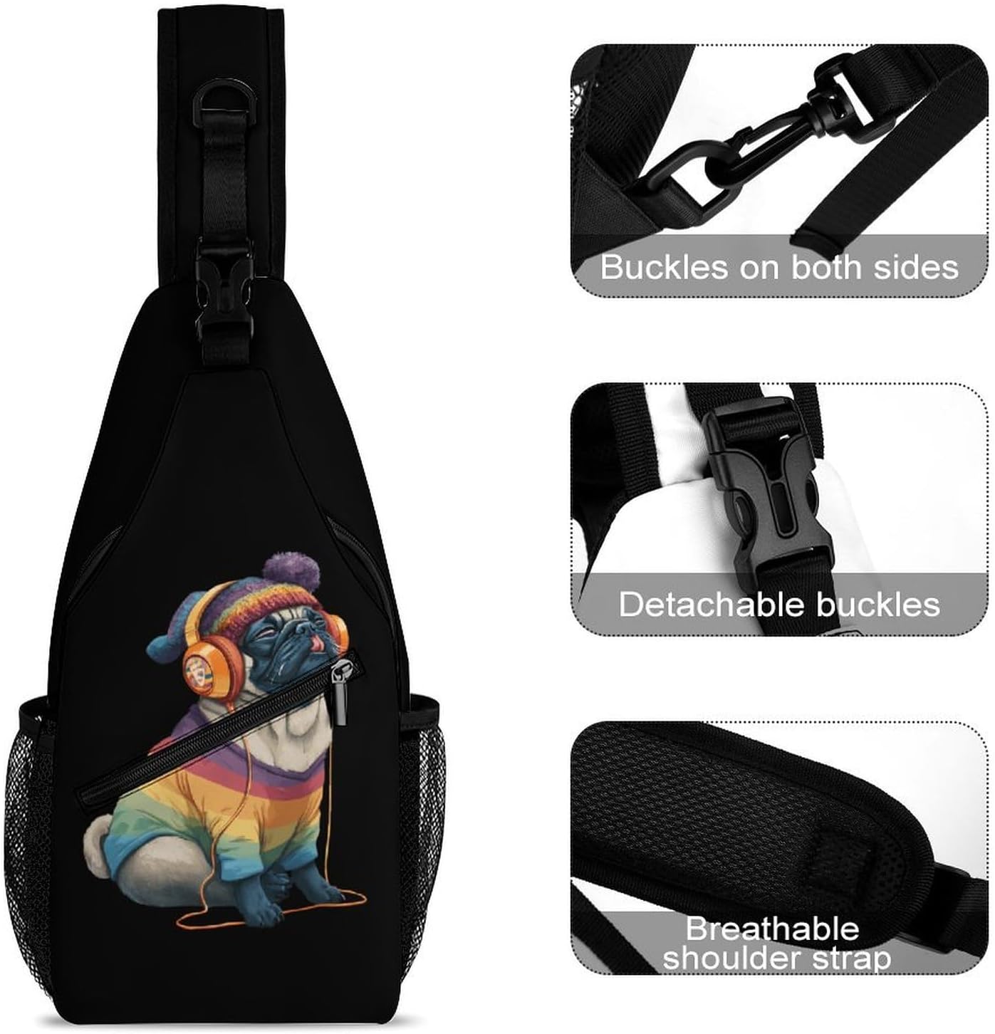 Music Lover Pug Men Crossbody Sling Backpack Chest Bag | Travel Fanny Pack,Hiking Daypack,Print Shoulder Bags