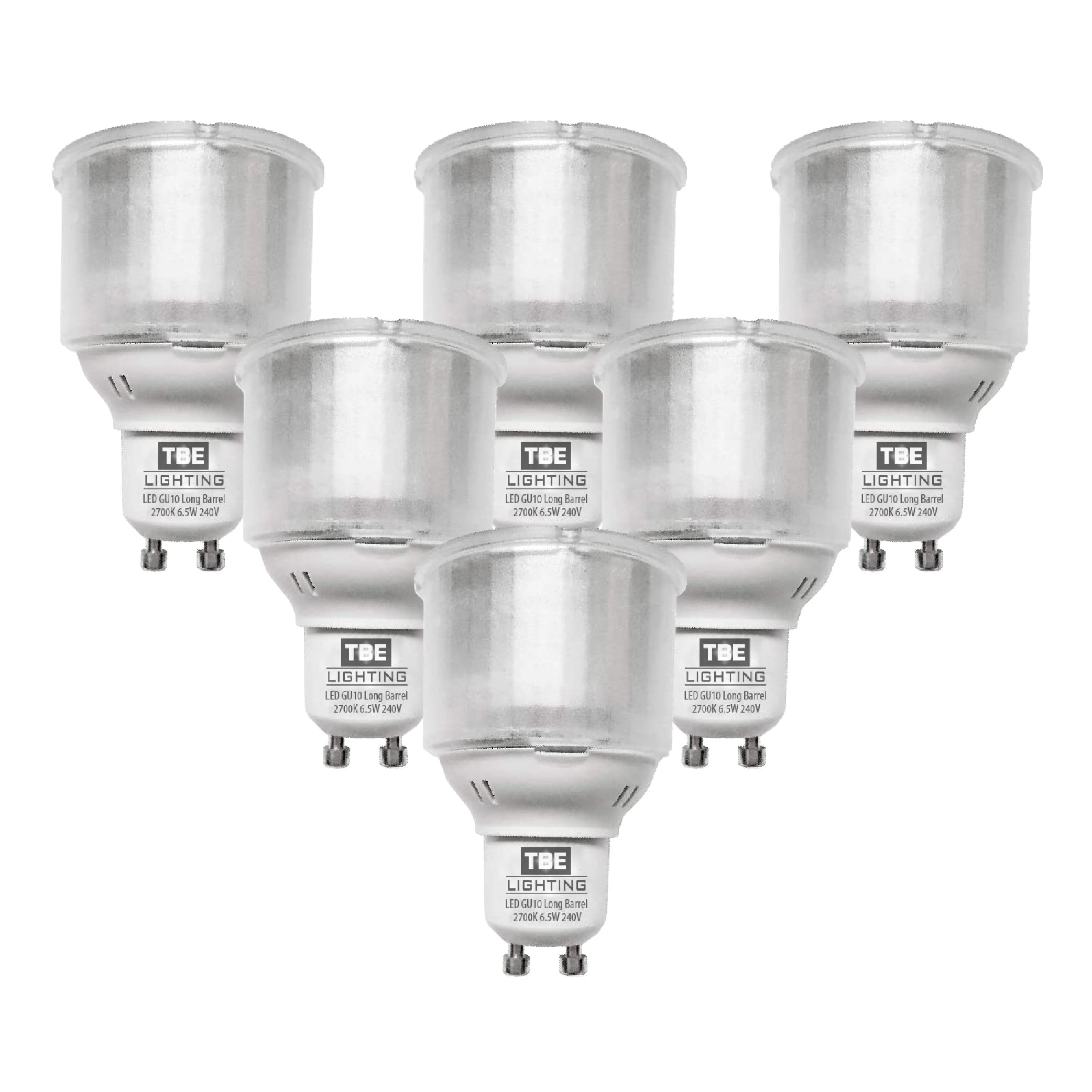 TBE LIGHTING Lampadine GU10 da 6,5 W, confezione da 6 lampadine a LED a canna lunga con attacco base GU10, bianco caldo 2700 K, 650 lumen, sostituisce CFL GU10 da 11 W, con alloggiamento identico