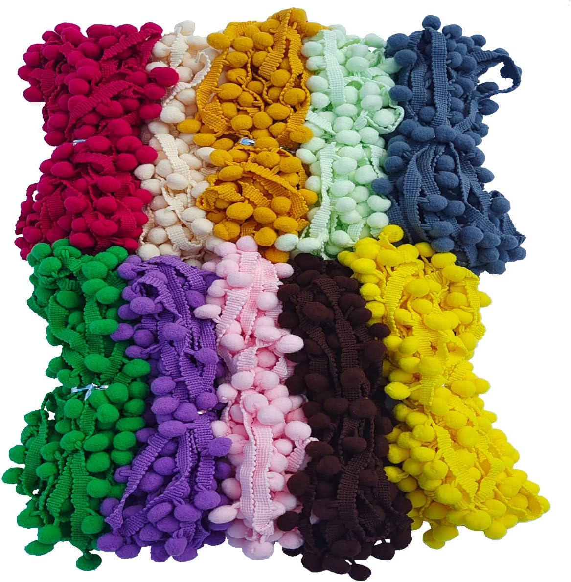 30 Yards Pom Pom Fringe Trim 10 Colors 12mm for Decoration DIY Crafts Sewing (3005 Mixed Color 5,12mm,30 Yards)