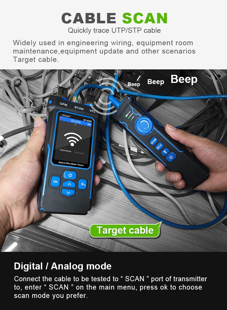 NOYAFA NF-8508 9 en 1 Multímetro de Cables de Red Multifuncional Rastreador de Cables Ópticos Medidor de Potencia de Fibra Óptica Función NCV Batería de Iones de Litio Carga USB Luz LED