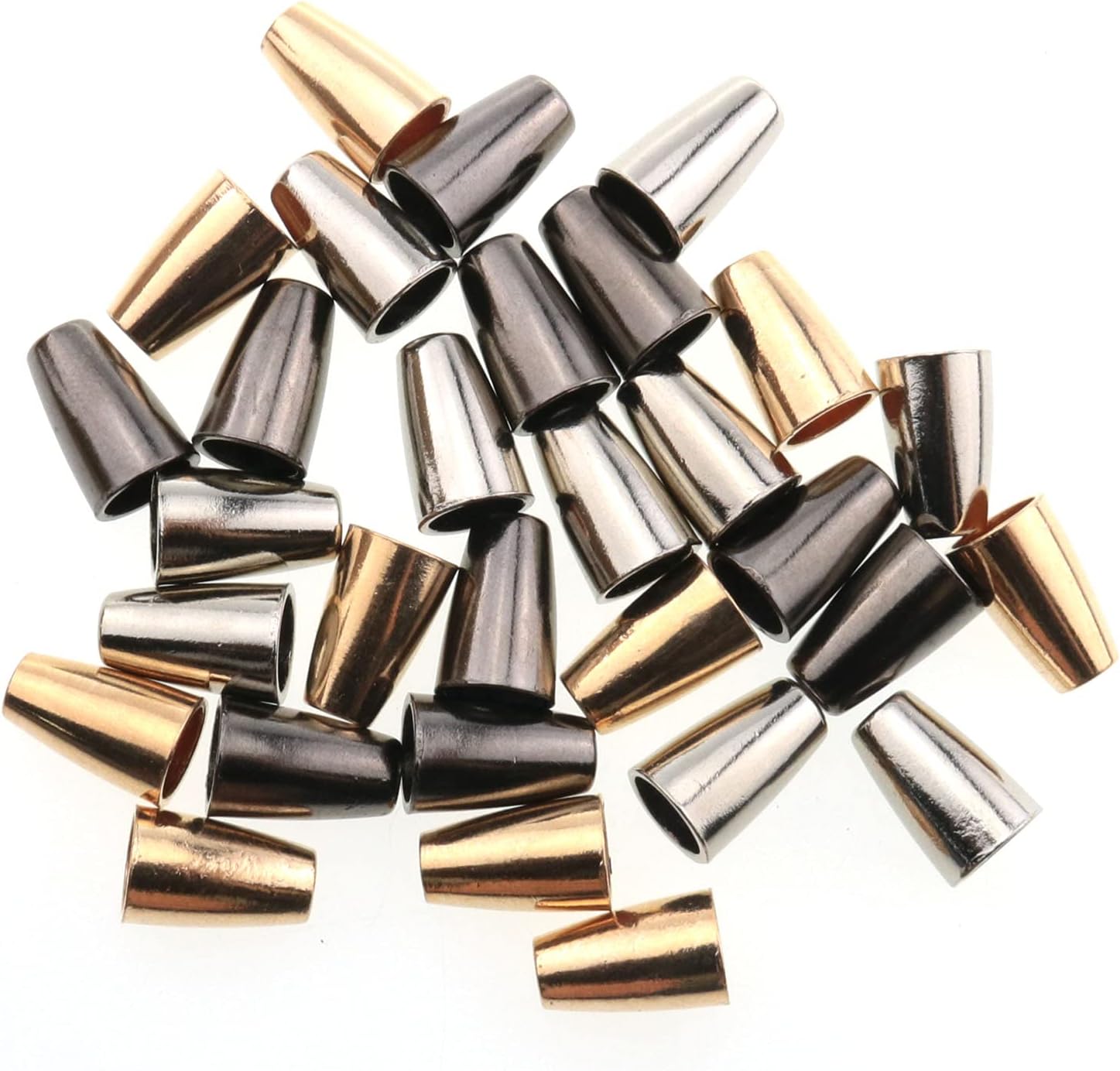 ZCZQC Metall Bell Stopper 30PCS Metal Conical Bells Cord Rope Locks Fastener Cord Ends Stopper for Lanyard Clothes Backpack Bags Silver, Light Gold, and Gun Black, 4x7x13mm