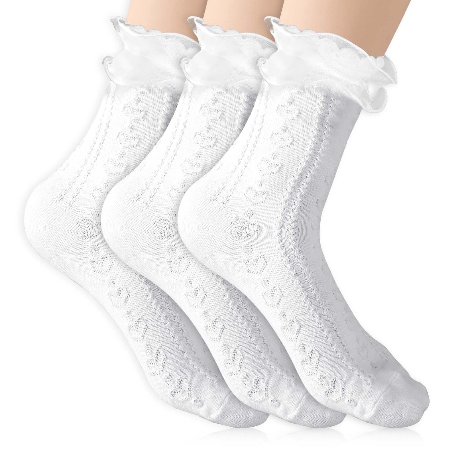 Telooco3 Pairs White Frilly Socks Lace Trim Ruffle Socks Cute Sweet Ballet Socks for Girls Soft Cotton Mary Jane Socks for Women Girls