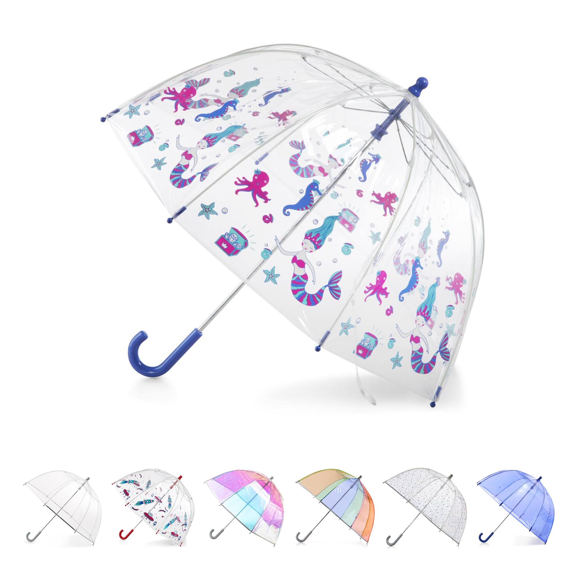 Totes Kids Clear Bubble Umbrella with Dome Canopy, 38" Canopy, Wind and Rain Protection, Ocean Princess