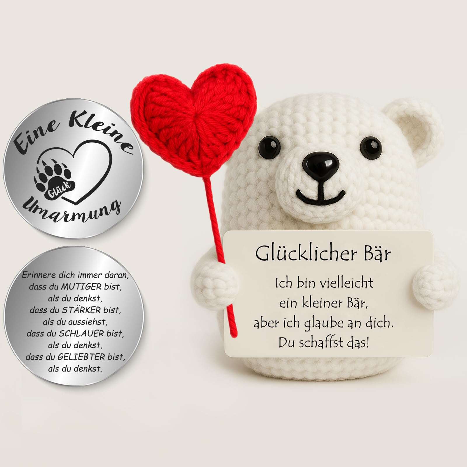 Tixlux Pocket Hug Glücklicher Bär mit Herz, Kreative Strickwolle Bär Dekofigur und Kleine Umarmung Glücksbringer (weiß), MutmacherGeschenk, Gute Besserung Geschenk, Einschulung Geschenk