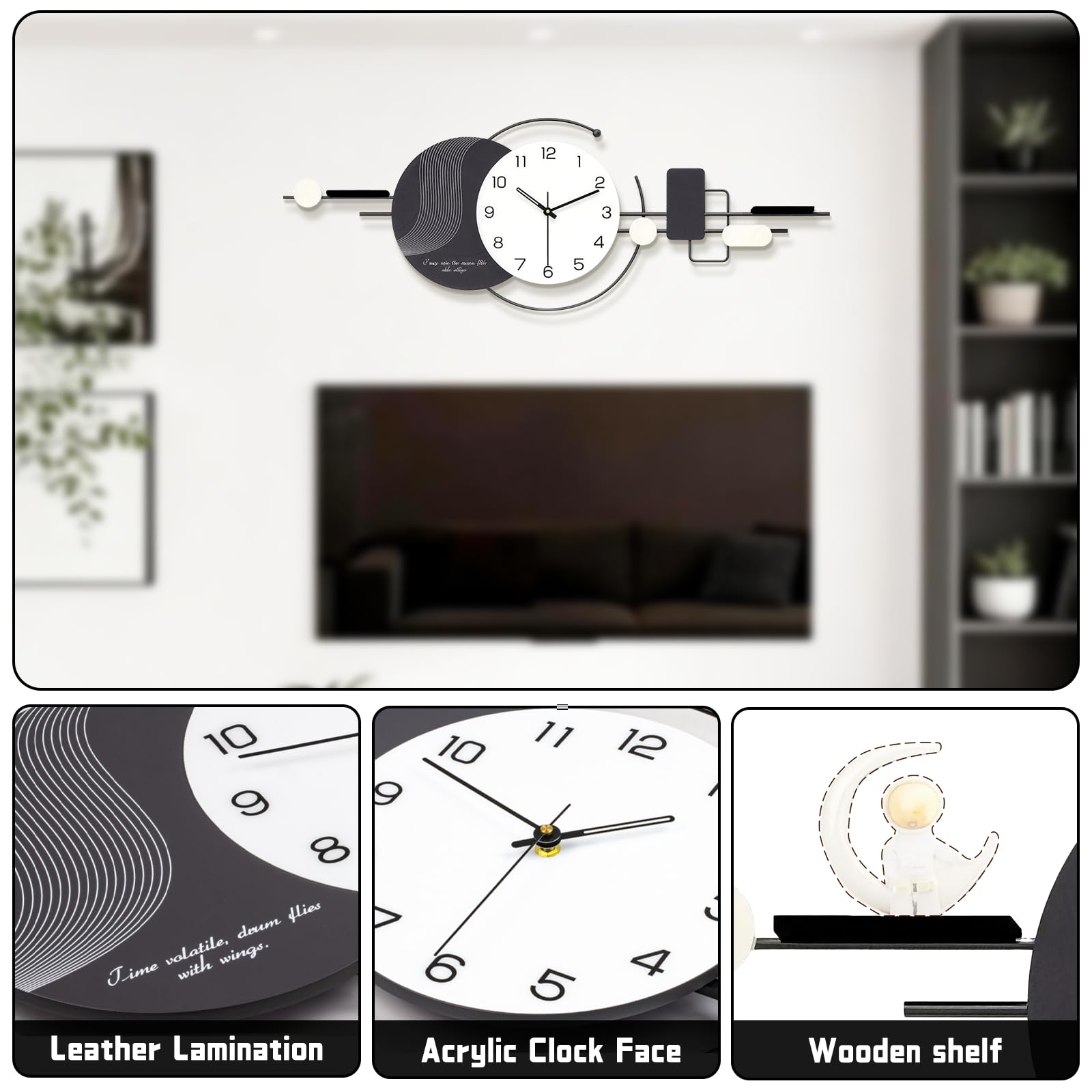 Grande Orologio da Parete Moderno, Silenzioso Orologio da Muro Senza Tick con Tavolo Portaoggetti, Alimentato a Batteria, Soggiorno Arredamento Camera da letto