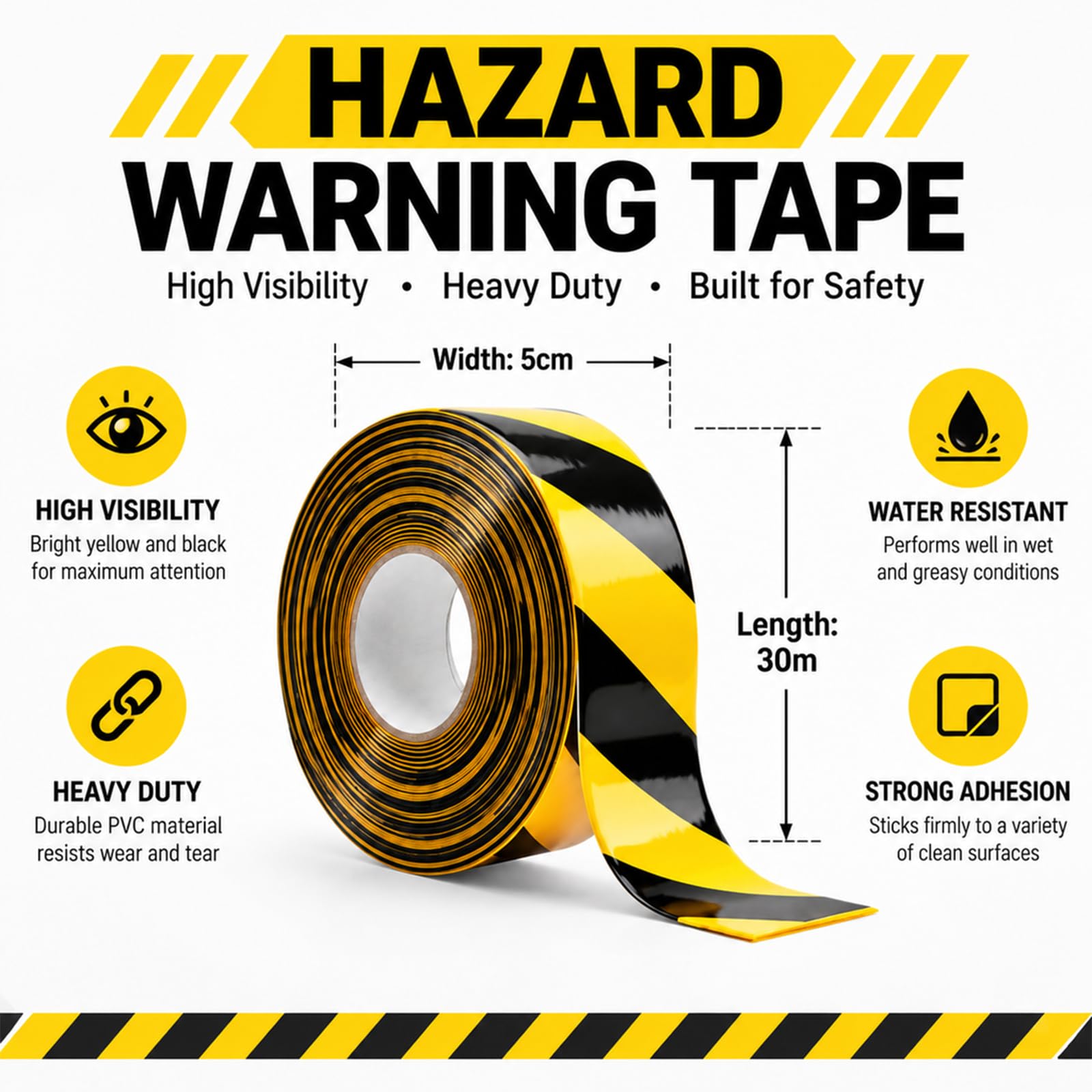 Nastro di segnalazione da 5 cm x 30 m, rinforzato e resistente all'usura