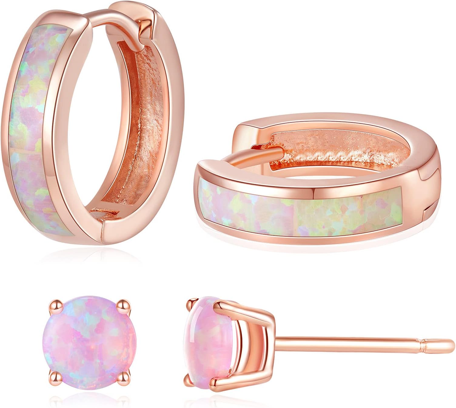 LANE WOODS Opal Stud Hoop Earrings Set: Hypoallergenic Small Hoops Earrings for Women Girls Sensitive Ears, Rose Gold, Created Opal