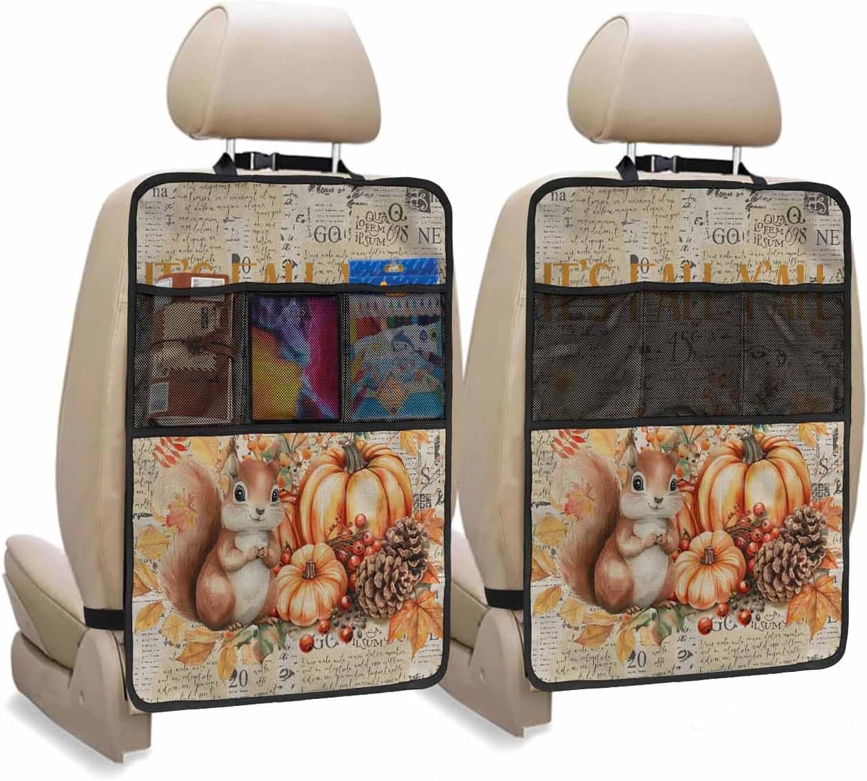 Car Seat Protector, 2 Pack Kick Mats Back Seat Protector Fall Thanksgiving Retro Cute Squirrel Pampkin Maple Leaves Waterproof Backseat Cover for Kids Universal Fit Automotive Interior Protectors