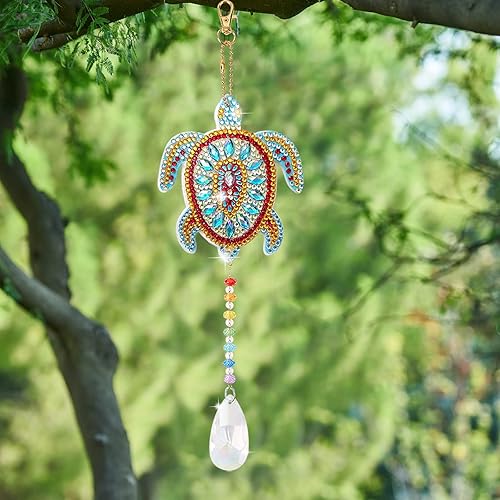 Miniatura 6 de ORIGACH 6 piezas de animales marinos pintura de diamante atrapasoles carillón de viento de doble cara pintura de diamante adorno colgante 5D tortuga