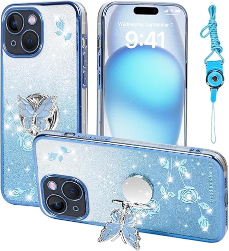 Funda protectora para Apple iPhone 14 (6.1 pulgadas), para mujeres y niñas, funda protectora de TPU con diseño floral de mariposa con purpurina y