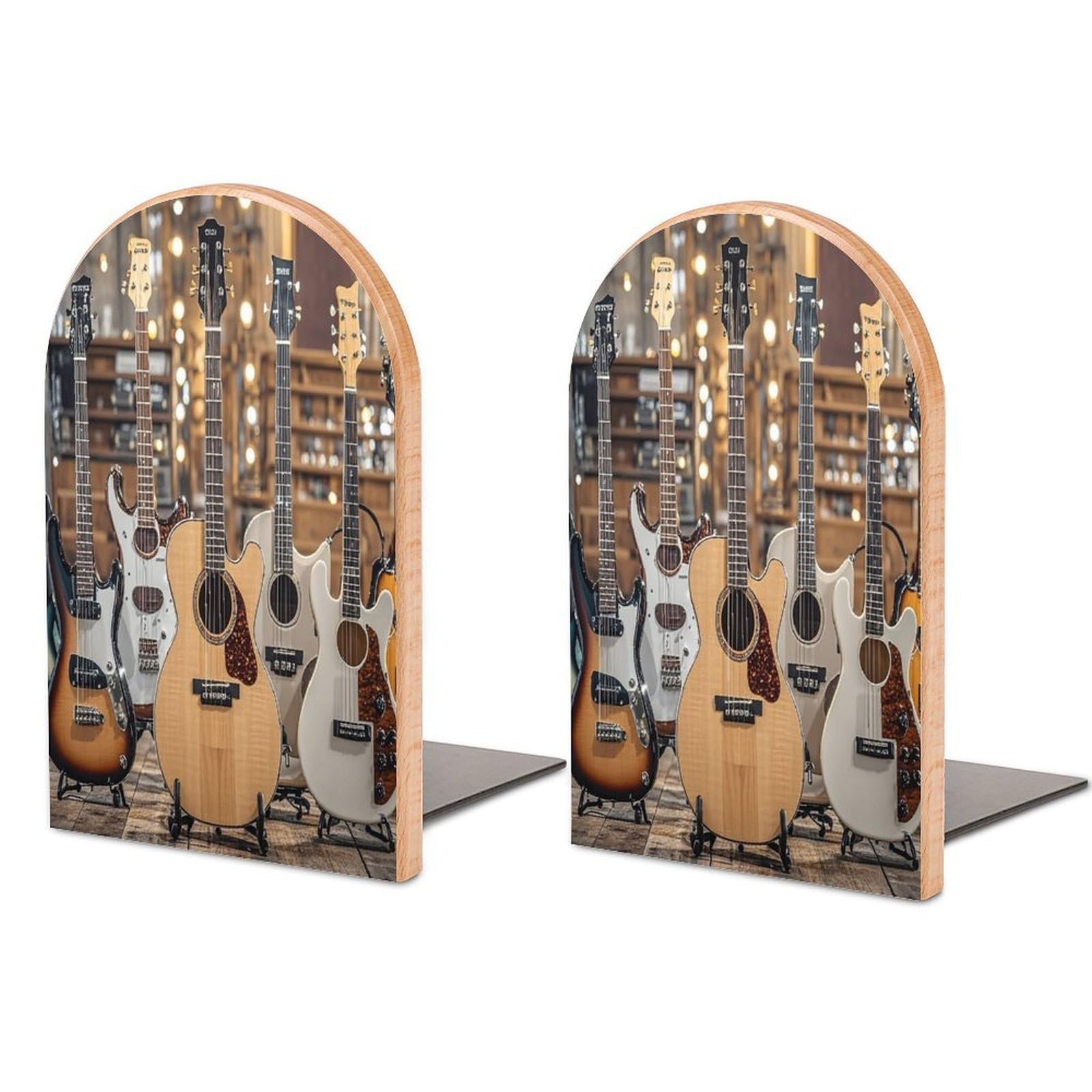 Guitar Bass Music Musical Instruments Book Ends Wood Non-Skid Bookend for Shelves Heavy Duty Bookends with Metal Base Decorative Books Stopper Desk Organizers Book Dividers for Office Home 1 Pair