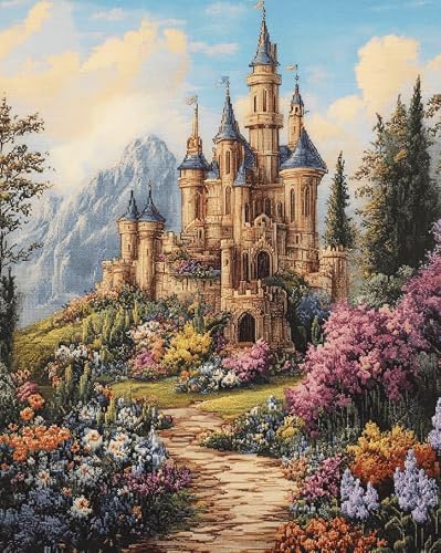 AxiangziK Cross Stitch Kits for Adults Beginners,Flower Castle 16x20 inch 11CT Counted Cross Stitch Embroidery Kits for Living Room Bedroom Art Decoration Perfect Women Gift